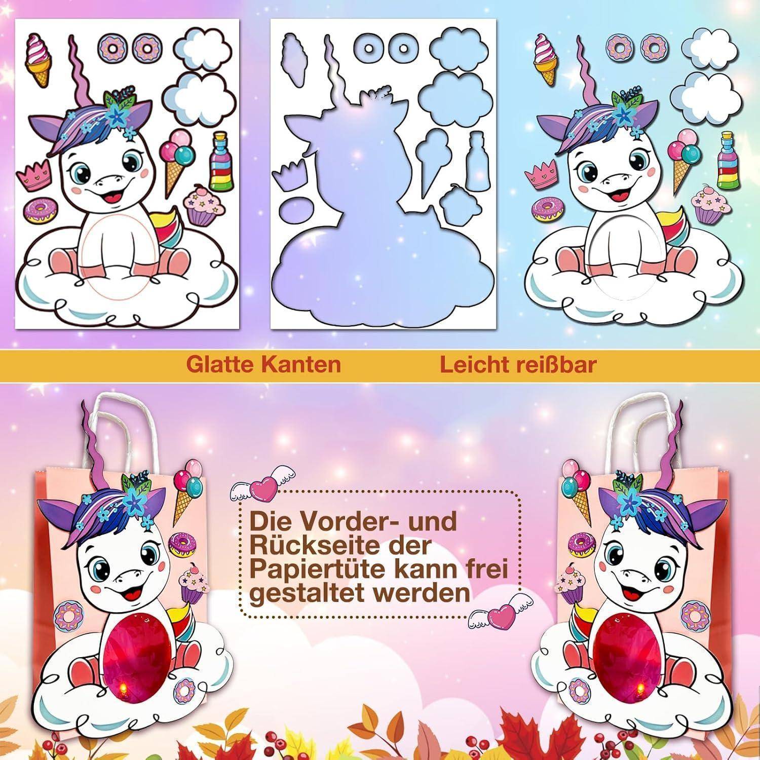Ein Kinderbastelset enthält Einhornformen und Zubehör. Der deutsche Text unten deutet auf anpassbare Vorder- und Rückseiten-Designs hin.