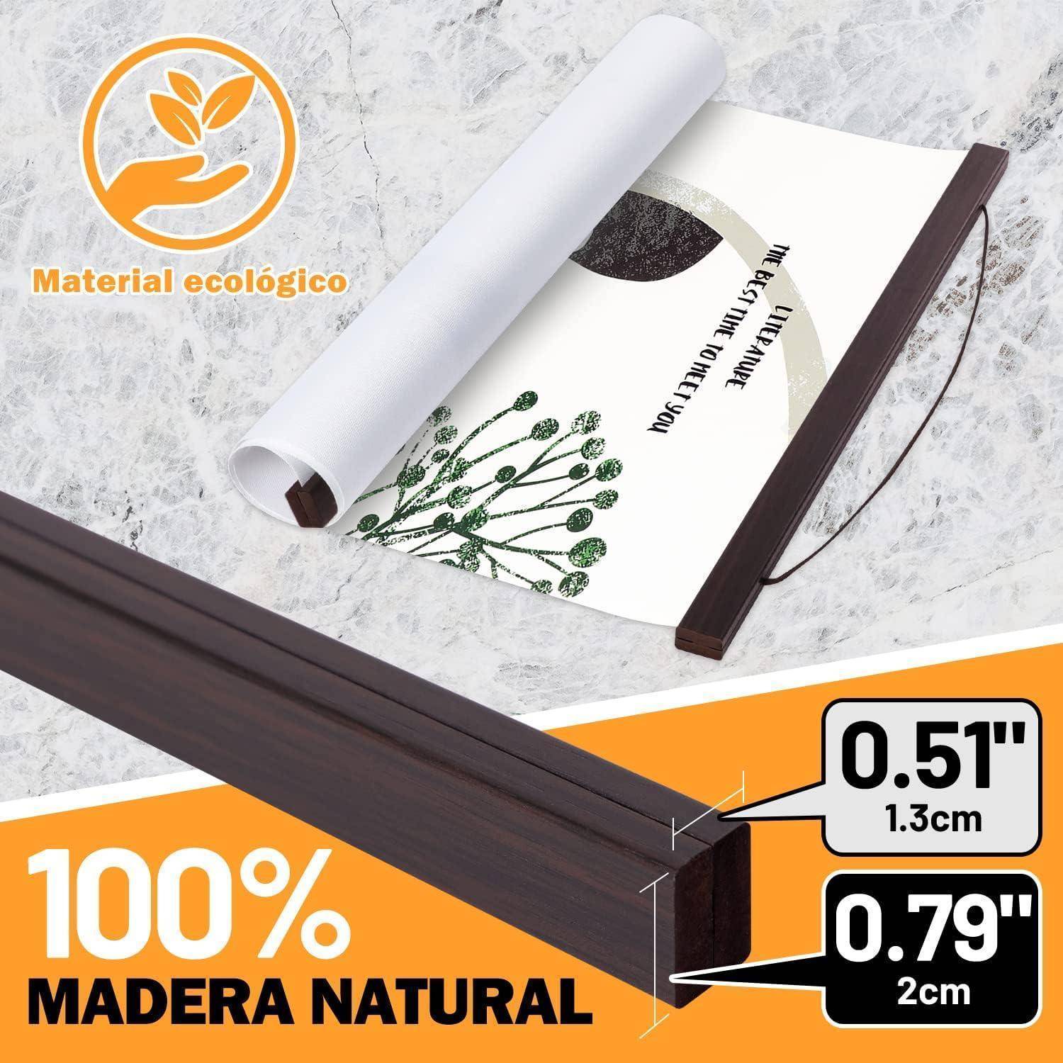 Poster mit umgerolltem Rand und Holzrahmen. Text lautet 'Ökologisches Material' und '100% Naturholz'. Dickendimensionen: 0,51 Zoll, 0,79 Zoll.
