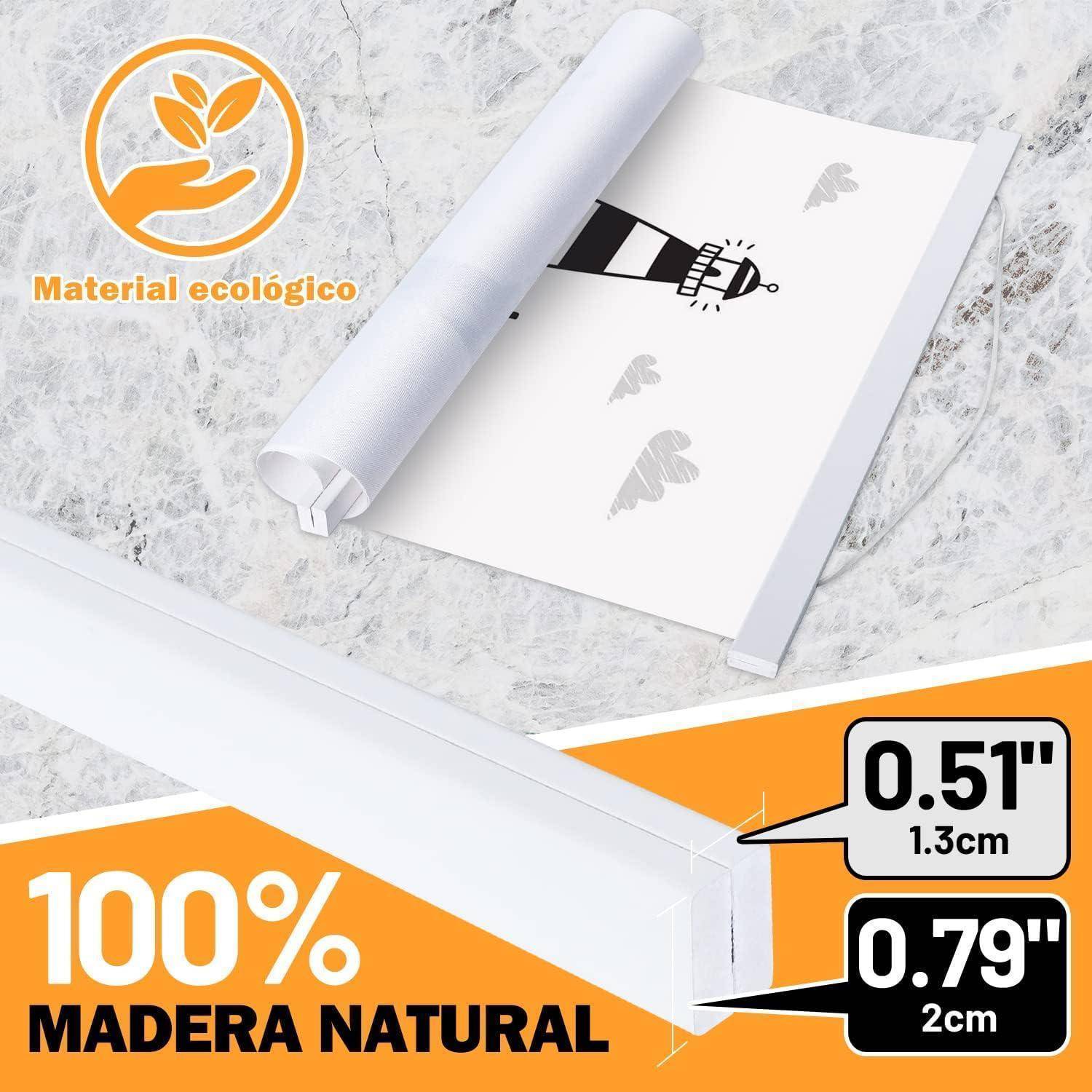 Umweltfreundliches Material' Text neben Blatt-Icon. Bild zeigt eine aufgerollte Druckvorlage, Leuchtturm-Design und Maße. '100% Naturholz' Text.
