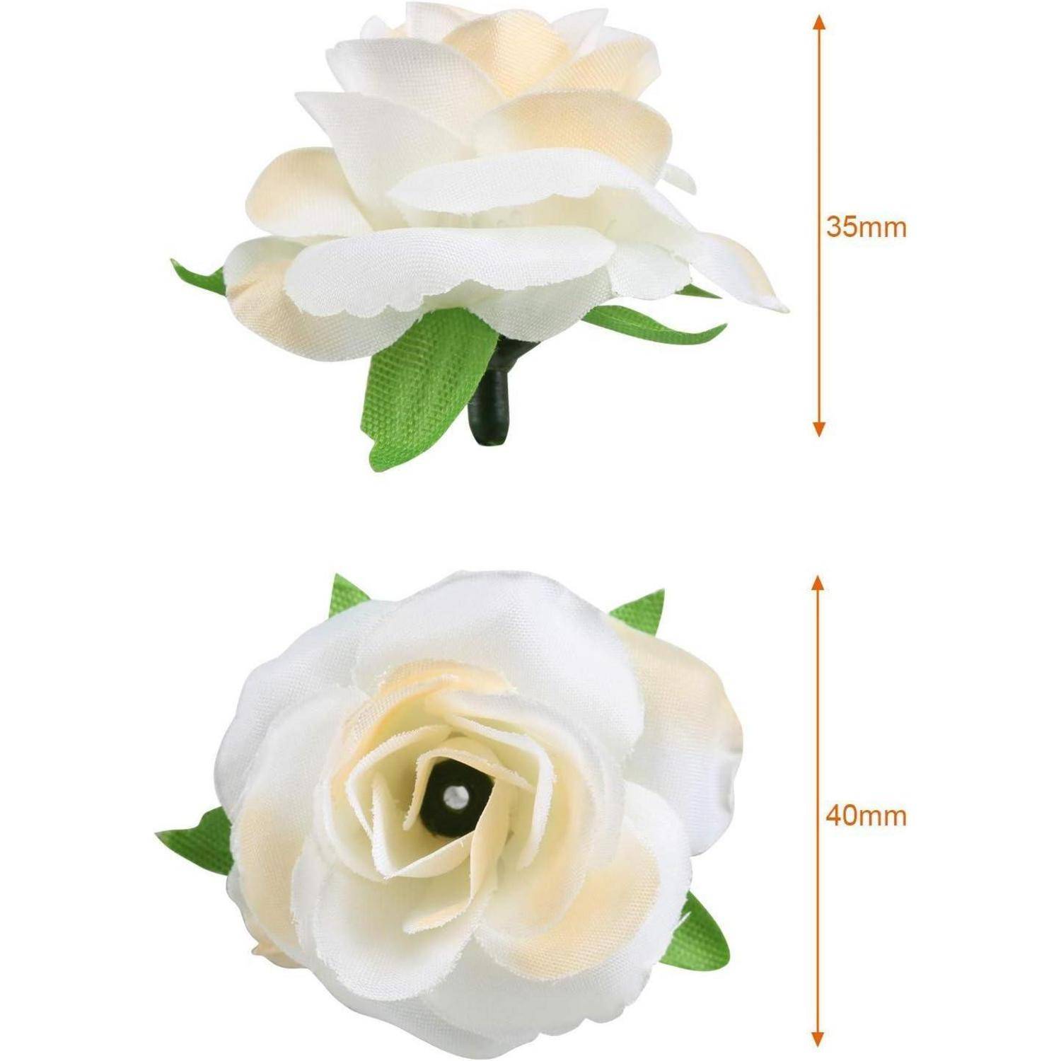 Weiße künstliche Blume mit einer Cremefarbe, dargestellt von Seiten- und Draufsicht. Die Seitenansicht zeigt eine Höhe von 35 mm, die Draufsicht eine Breite von 40 mm.