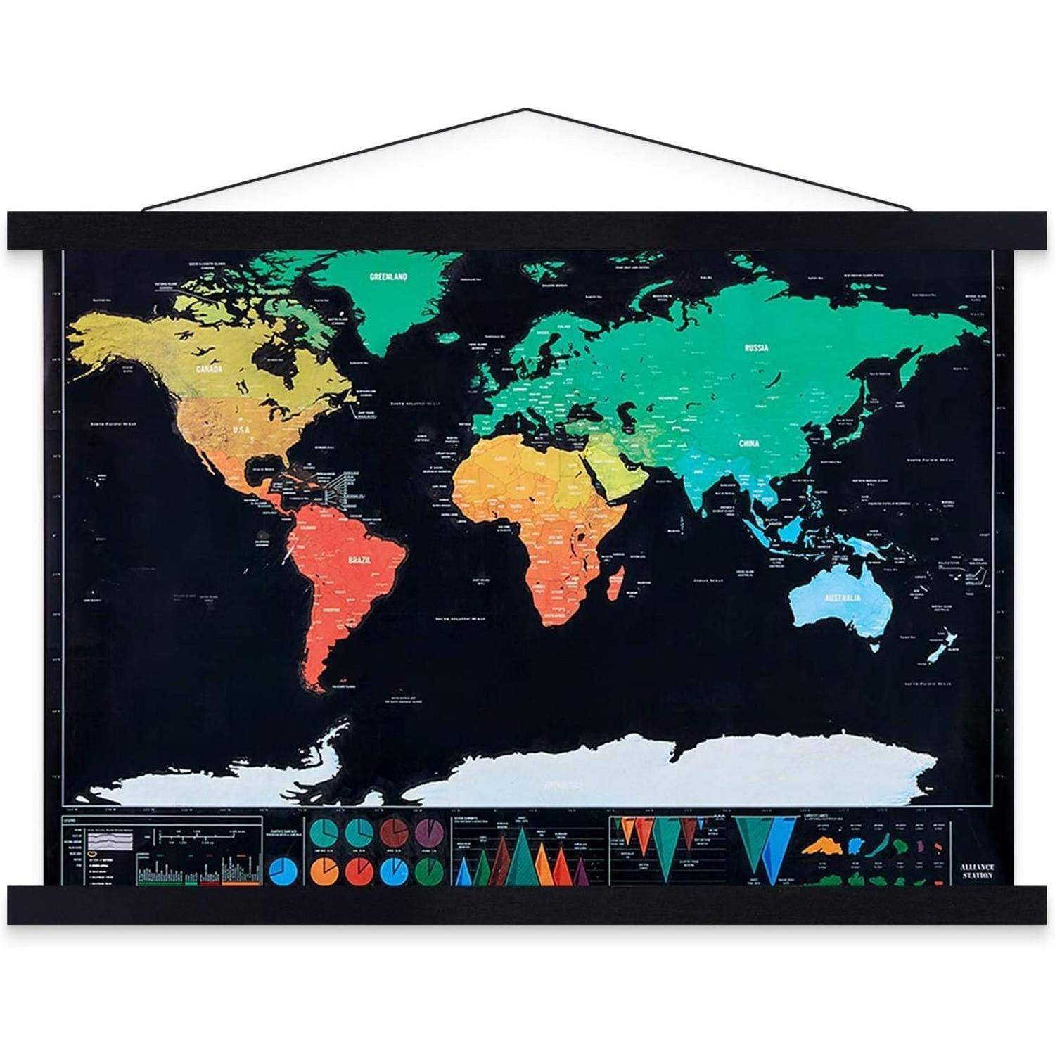 Eine bunte Weltkarte mit Ländern in unterschiedlichen Farben, auf einem dunklen Hintergrund montiert. Darunter zeigen Diagramme und Grafiken Datentrends nach Regionen.