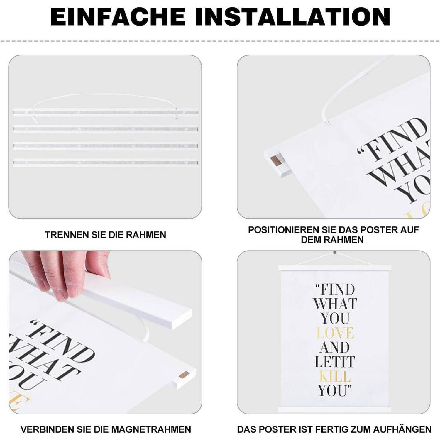 Schritte zum Aufhängen eines Posters: Rahmenteile trennen, Poster positionieren, magnetische Rahmen verbinden, fertig montiertes Poster aufhängen mit dem Text 