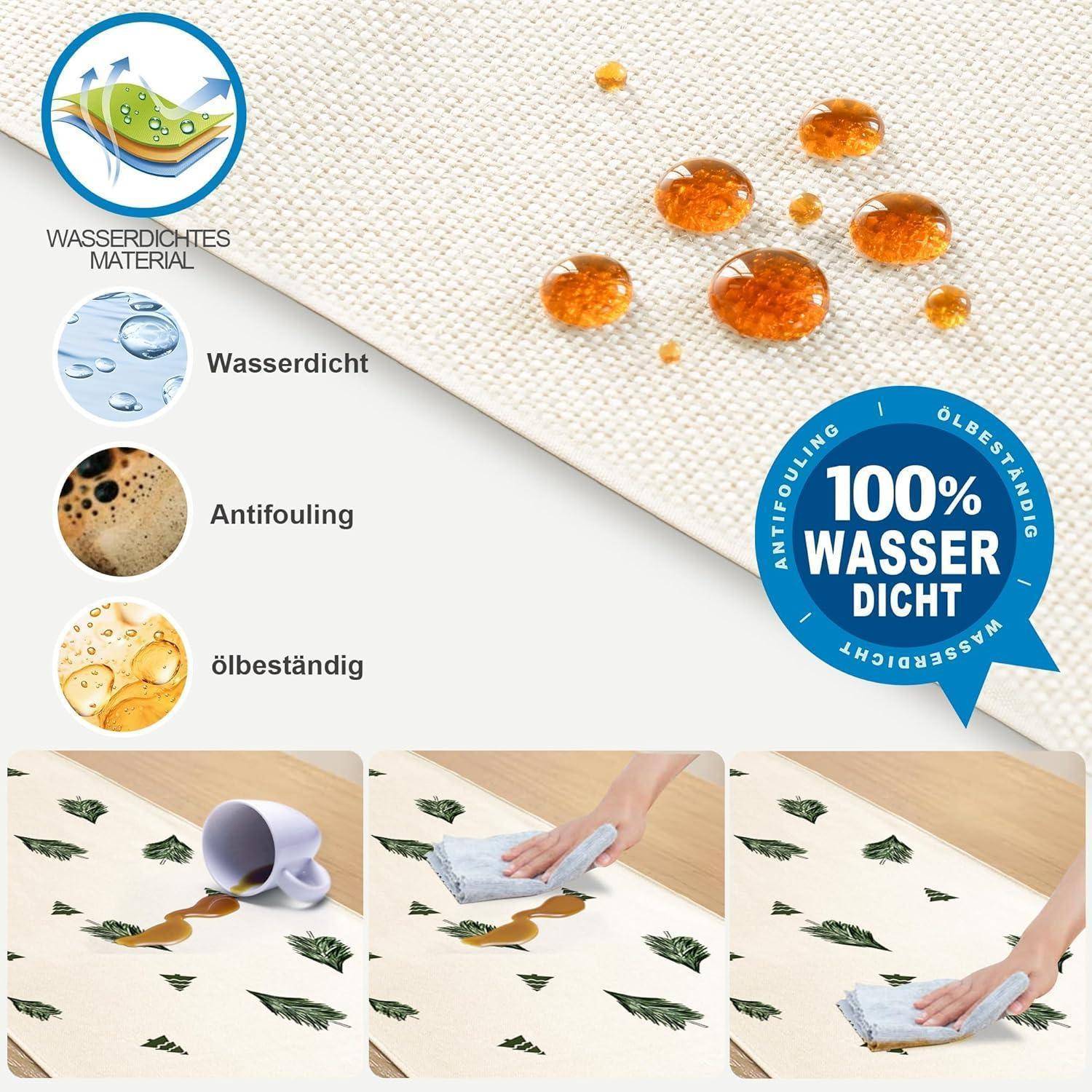 Wasserdichter Stoff mit Bildern, die seine Widerstandsfähigkeit gegen Flüssigkeitsspritzer zeigen. Ausdrücke: 'Wasserdicht', 'Antifouling', 'Ölbeständig', '100% Wasserdicht'.