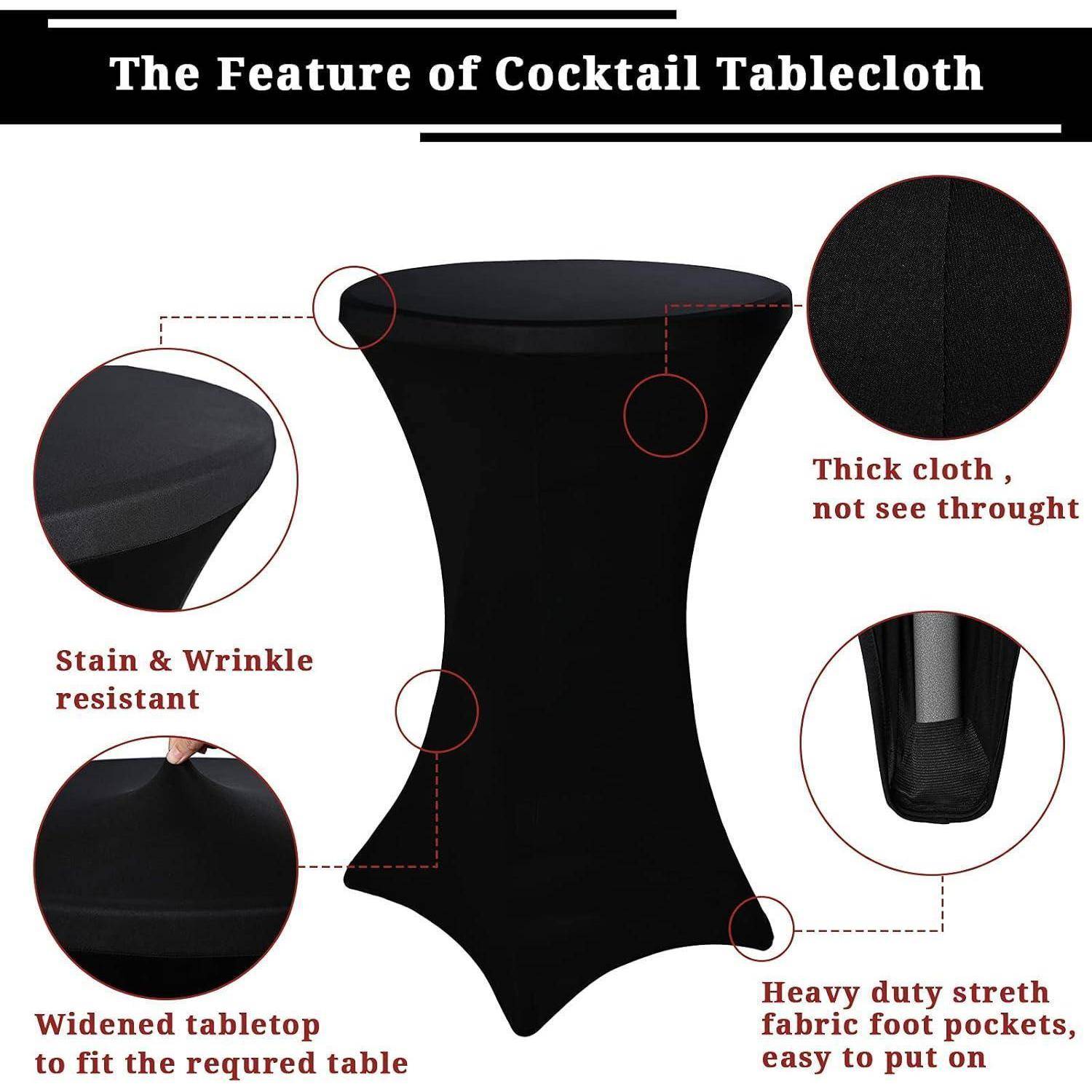 Die Merkmale der Cocktailtischdecke' zeichnen sich durch Flecken- und Knitterresistenz, einen dicken, blickdichten Stoff, eine maßgeschneiderte Passform und strapazierfähige Fußtaschen aus.
