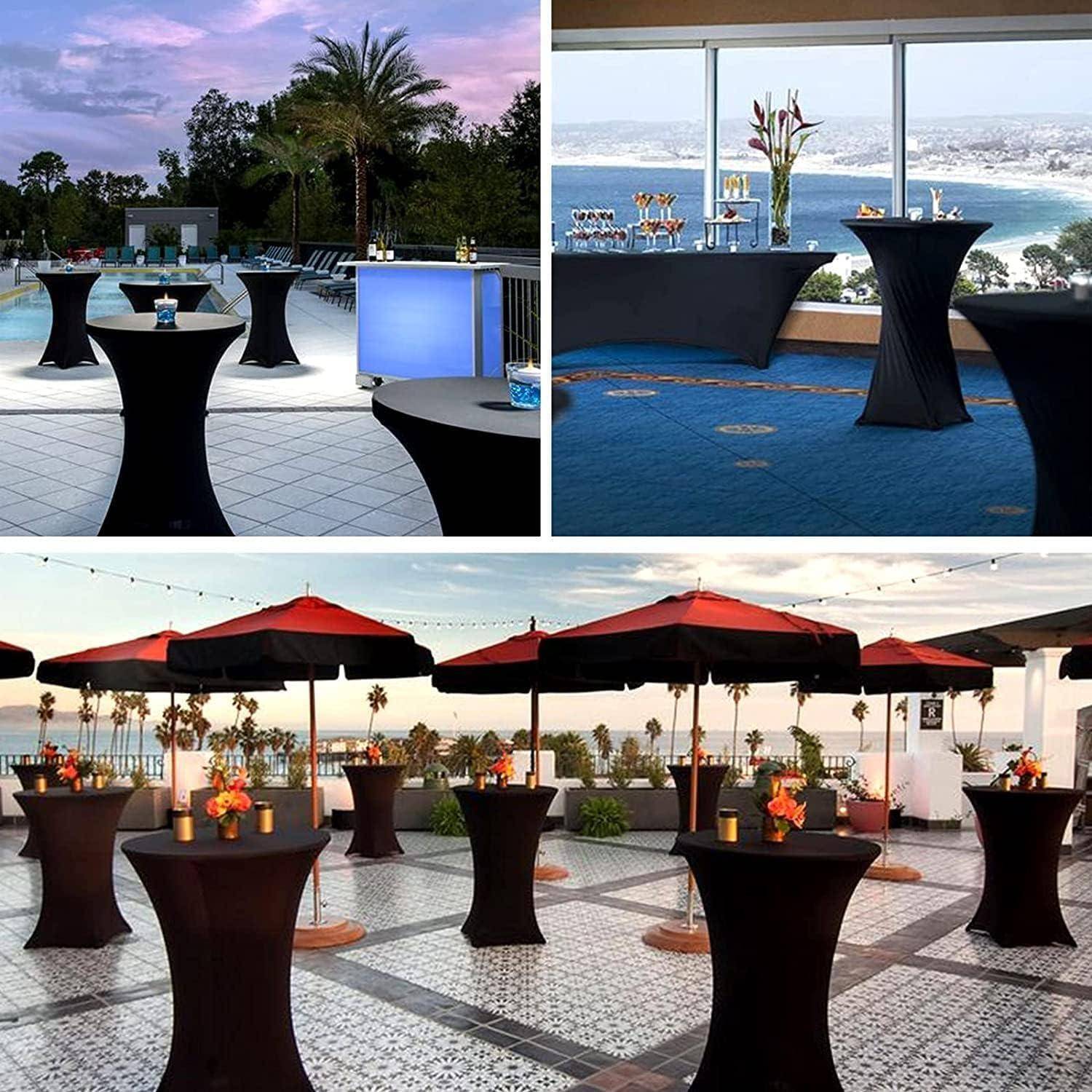 Outdoor- und Indoor-Veranstaltungsorte mit Stehtischen, schwarzen Überwürfen, Blumenarrangements und malerischen Ausblicken auf einen Pool und den Ozean.