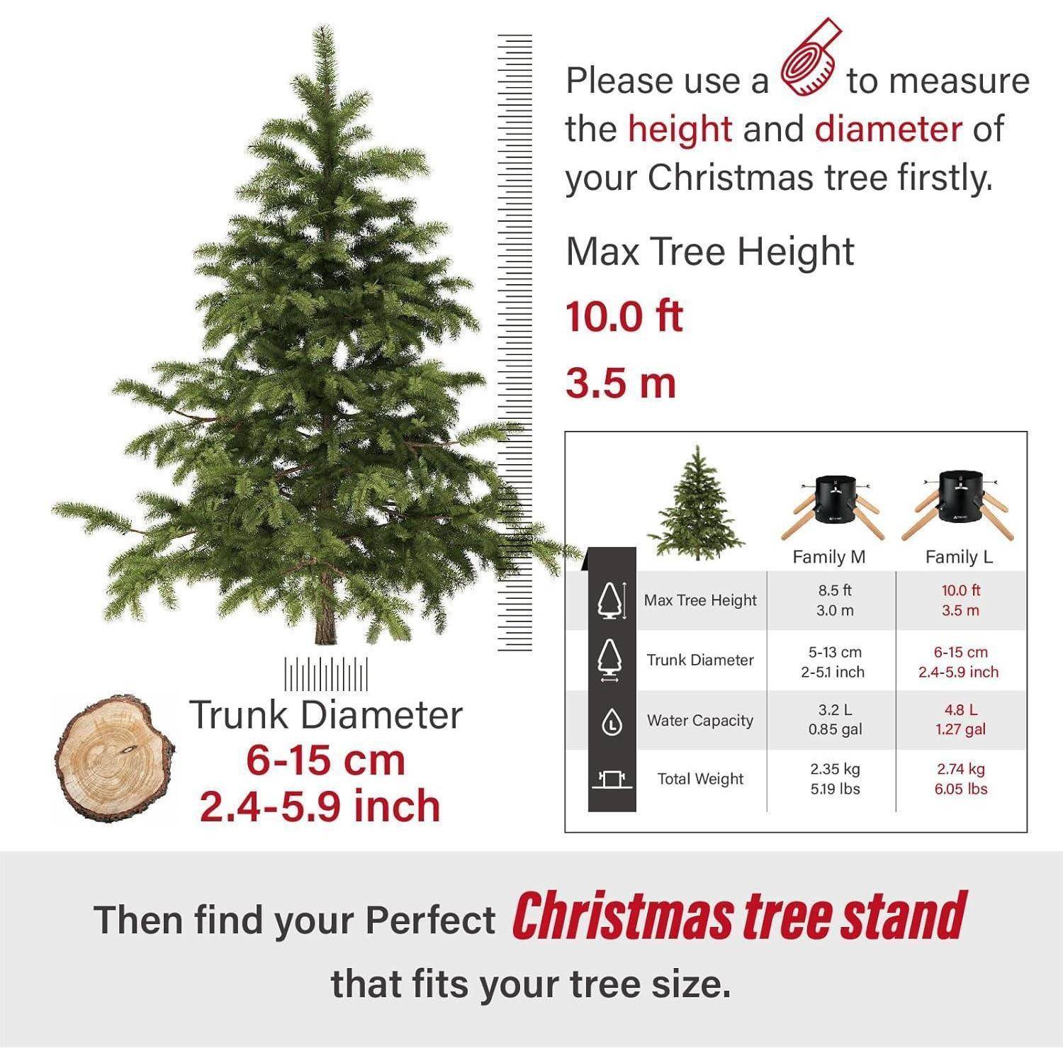 Baum mit einem Durchmesser von 6-15 cm und einer Höhe von 3,5 m. Anleitung: 'Messen Sie zunächst die Höhe und den Durchmesser Ihres Weihnachtsbaums.