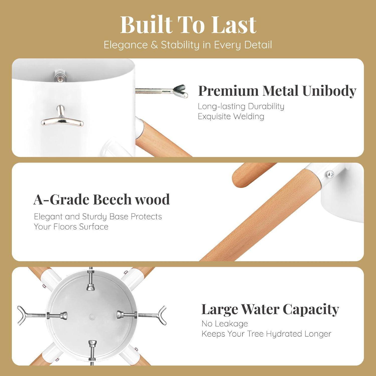 Built To Last' Produktmerkmale: Hochwertiger Metallunibody - robust und geschweißt; A-Grade Buche - stabiler Sockel; Großes Wasserfassungsvermögen - keine Undichtigkeit.
