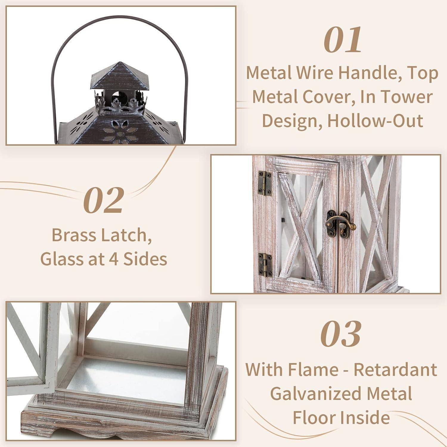 Dreiteilige Darstellung einer Laterne: (1) Metalldrahtgriff und durchbrochenes Oberteil, (2) Messingverschluss, Glas an vier Seiten, (3) flammhemmender Metallfuß.