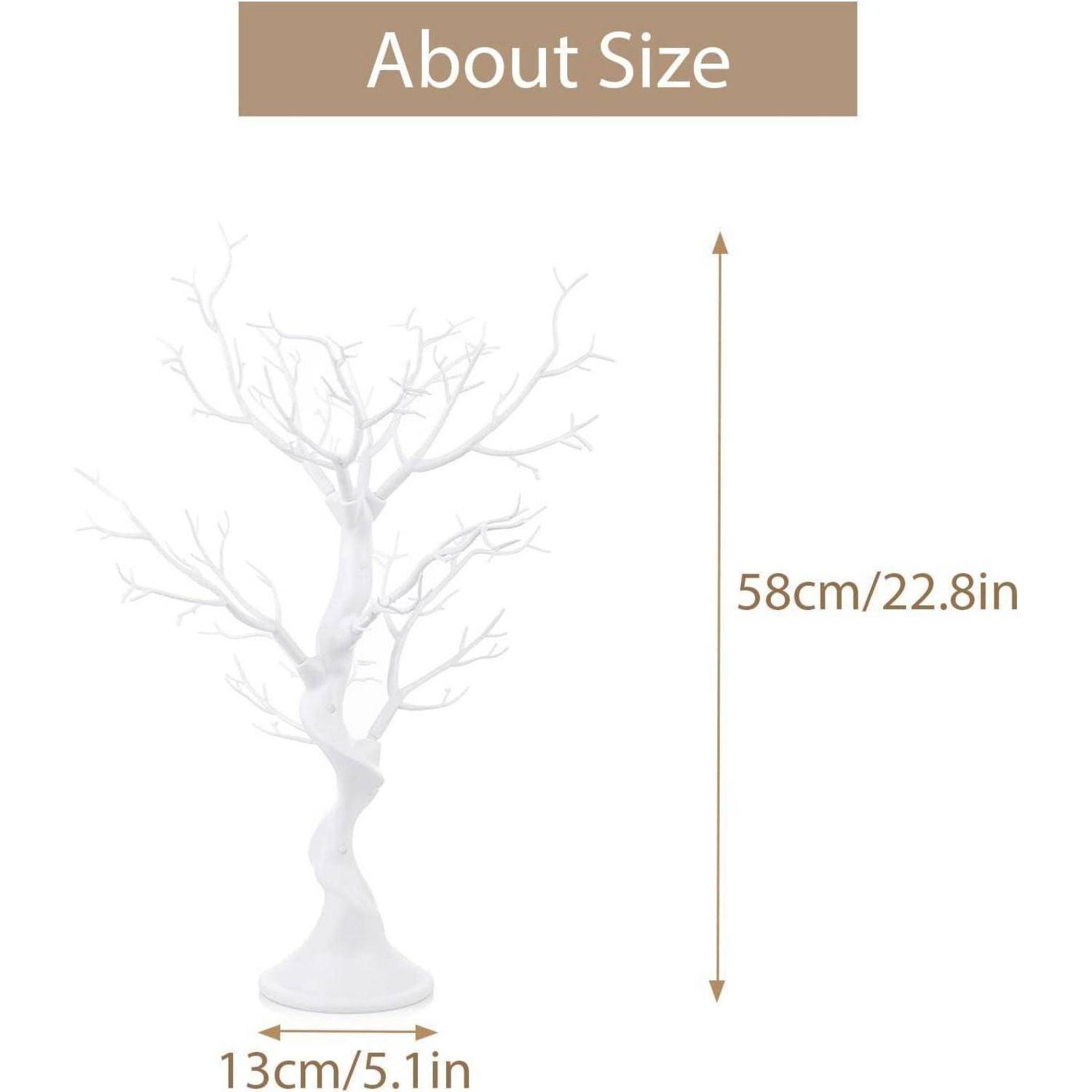 Ein weißer, ast-ähnlicher Schmuckständer mit einer Höhe von 58 cm (22,8 Zoll) und einer Breite von 13 cm (5,1 Zoll) wird gezeigt.