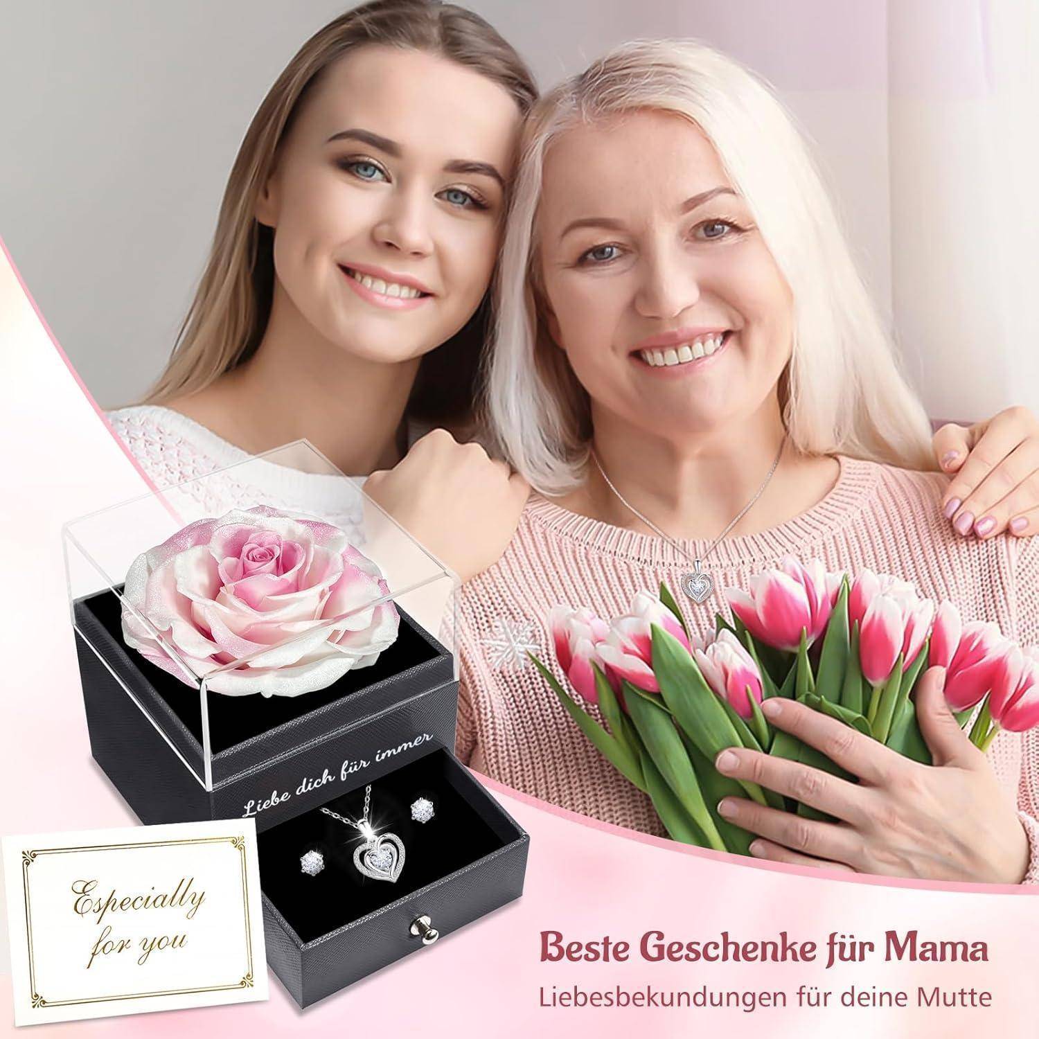 Eine Mutter und Tochter lächeln und halten einen Strauß rosa Tulpen. Daneben befindet sich eine Geschenkbox mit einer konservierten Rose und Schmuck. Text lautet: 'Beste Geschenke für Mama'.