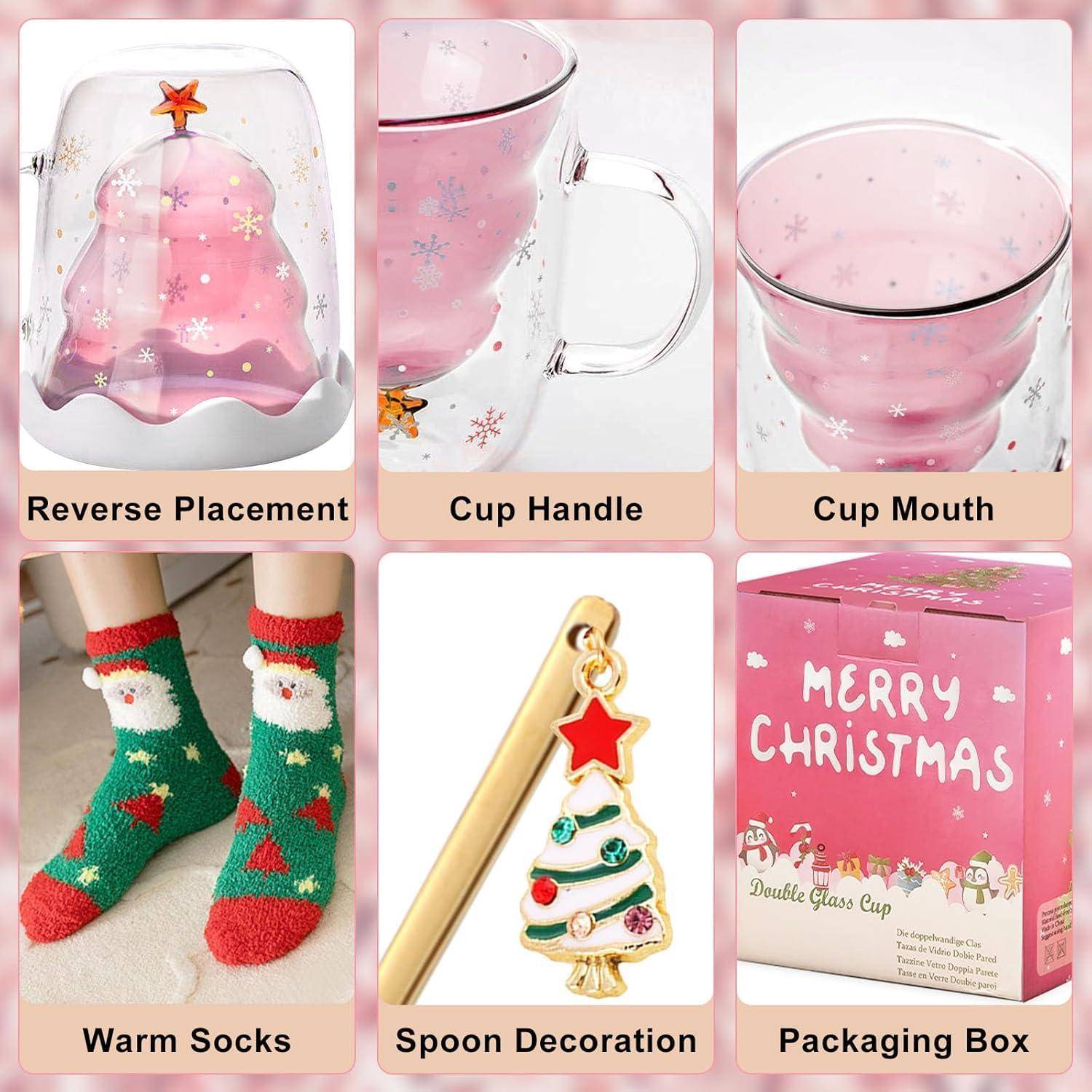 Reverse Placement' zeigt ein rosa Dekorationsobjekt mit Schneeflocken. 'Tassenheft' präsentiert eine durchsichtige Glasstasse mit rosa Innenbereich. 'Tassenmund' konzentriert sich auf den Rand derselben Tasse. 'Warme Socken' zeigt grüne Socken mit Weihnachtsmotiven. 'Löffel-Dekoration' präsentiert einen goldenen Löffel mit einem Weihnachtsbaumanhänger. 'Verpackungsbox' hebt eine Box mit dem Text 'Frohe Weihnachten' hervor.