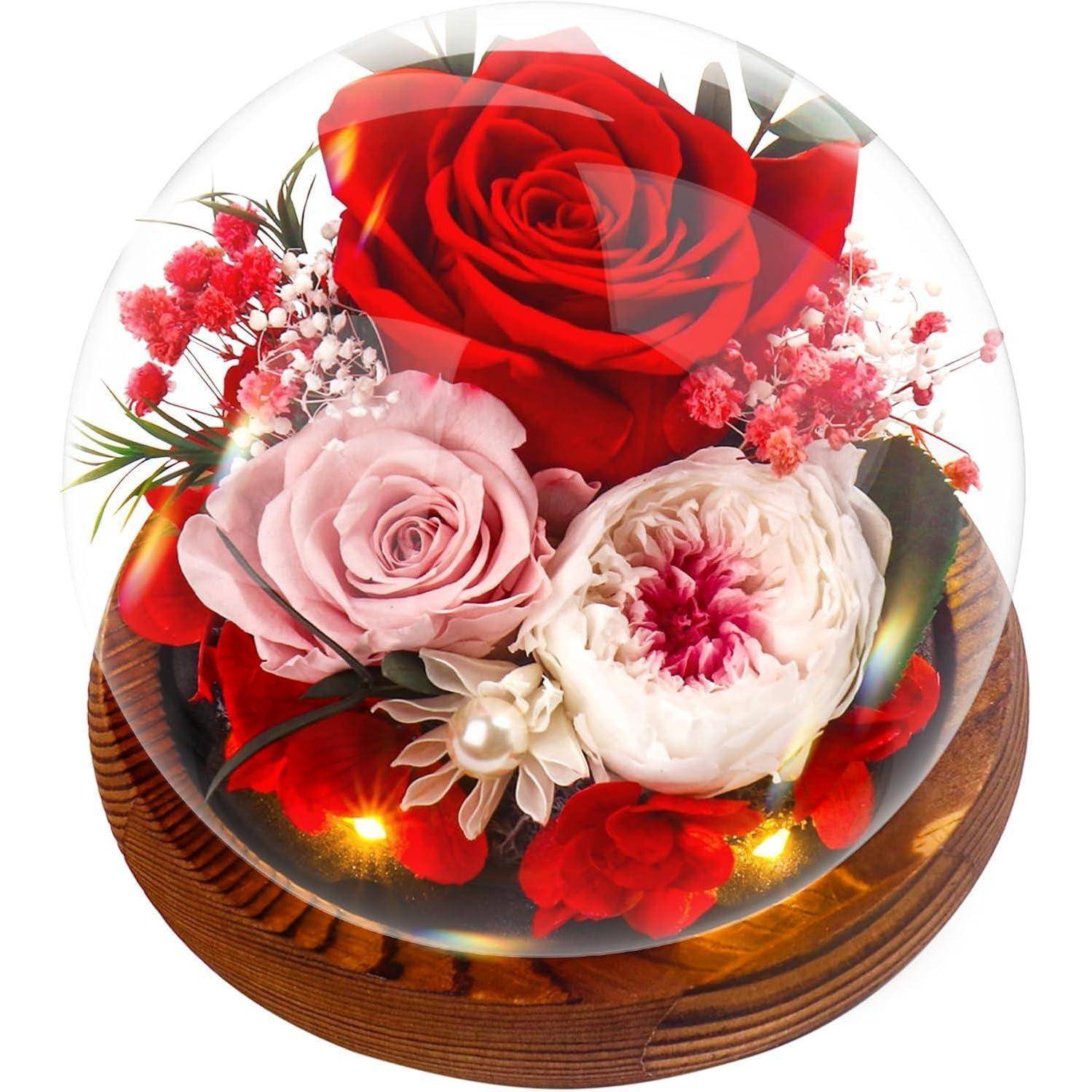 Eine Glasglocke umschließt eine Anordnung von roten, rosa und weißen Rosen mit kleinen Blumen auf einer Holzbasis, die wie eine dekorative Ausstellung aussieht.