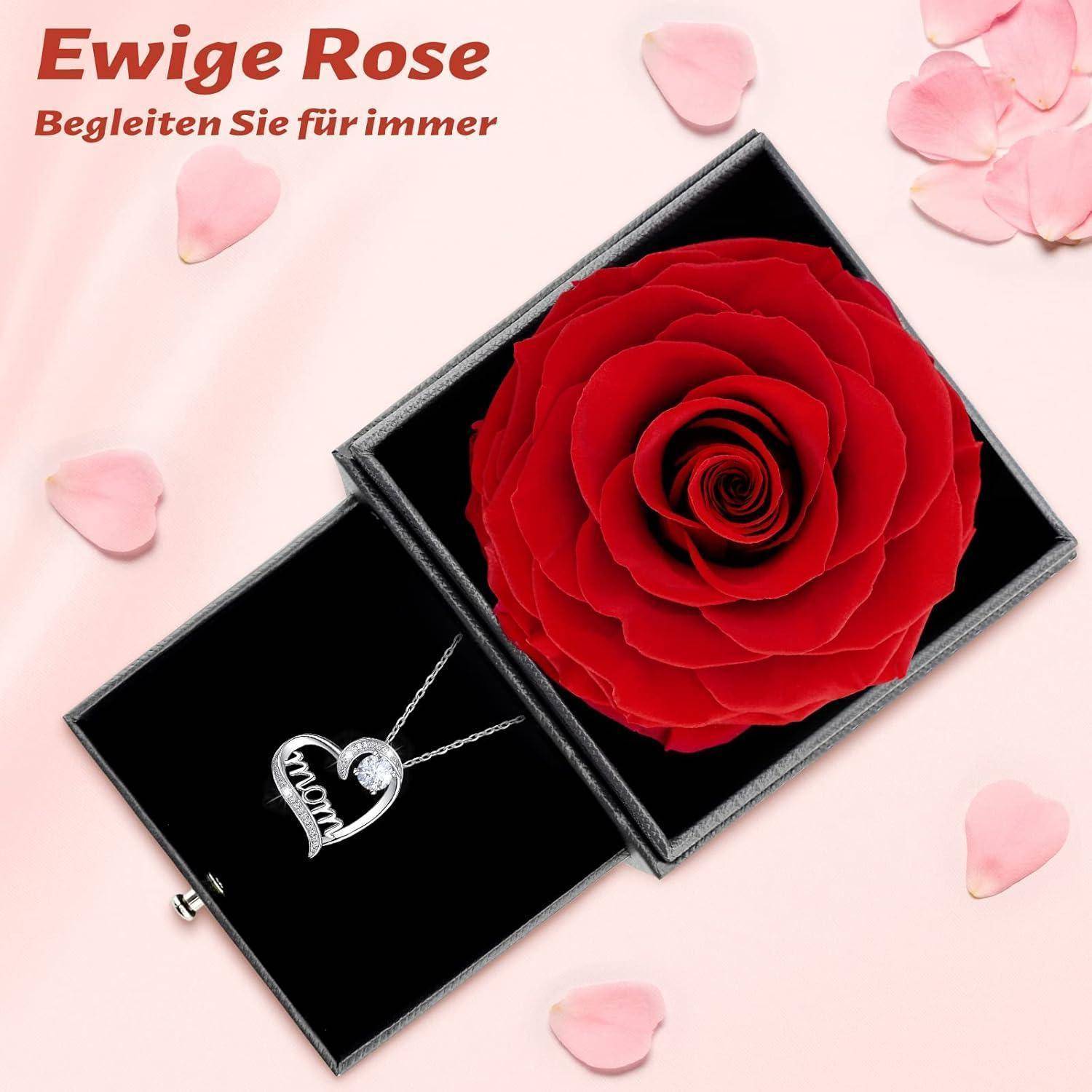 Eine rote konservierte Rose in einer schwarzen Box neben einer silbernen Herzkette, auf der 