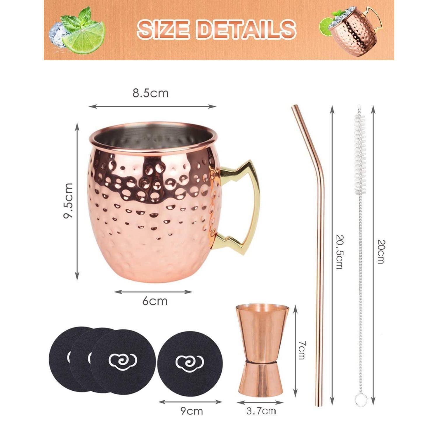 Kupferbecher-Set enthält einen 430 ml gehämmerten Kupferbecher, Edelstahlstrohhalm, Bürste, Messbecher und Untersetzer. Maße wie oben beschrieben.