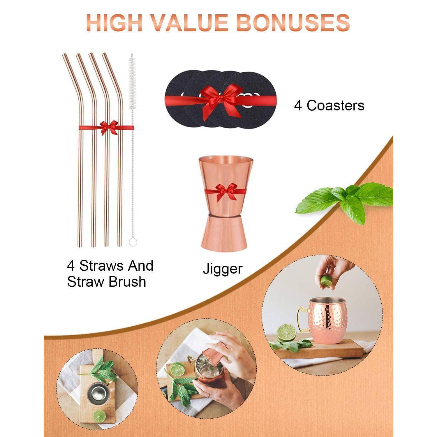 High Value Bonuses' beinhalten 4 Metallstrohhalme, eine Strohreinigungsbürste, 4 Untersetzer und einen Messbecher. Das Bild zeigt Getränke, die in einen Kupferbecher eingeschenkt werden.