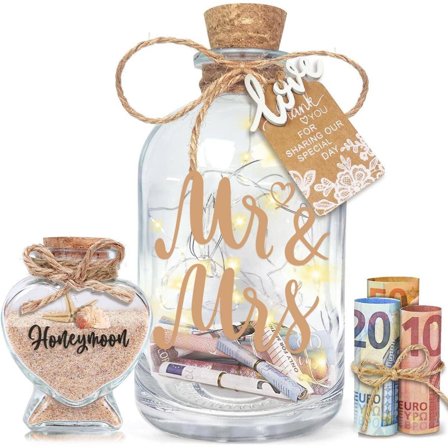 Geldgeschenk LED Flaschenlicht Spardose Brautpaar Mr &amp; Mrs