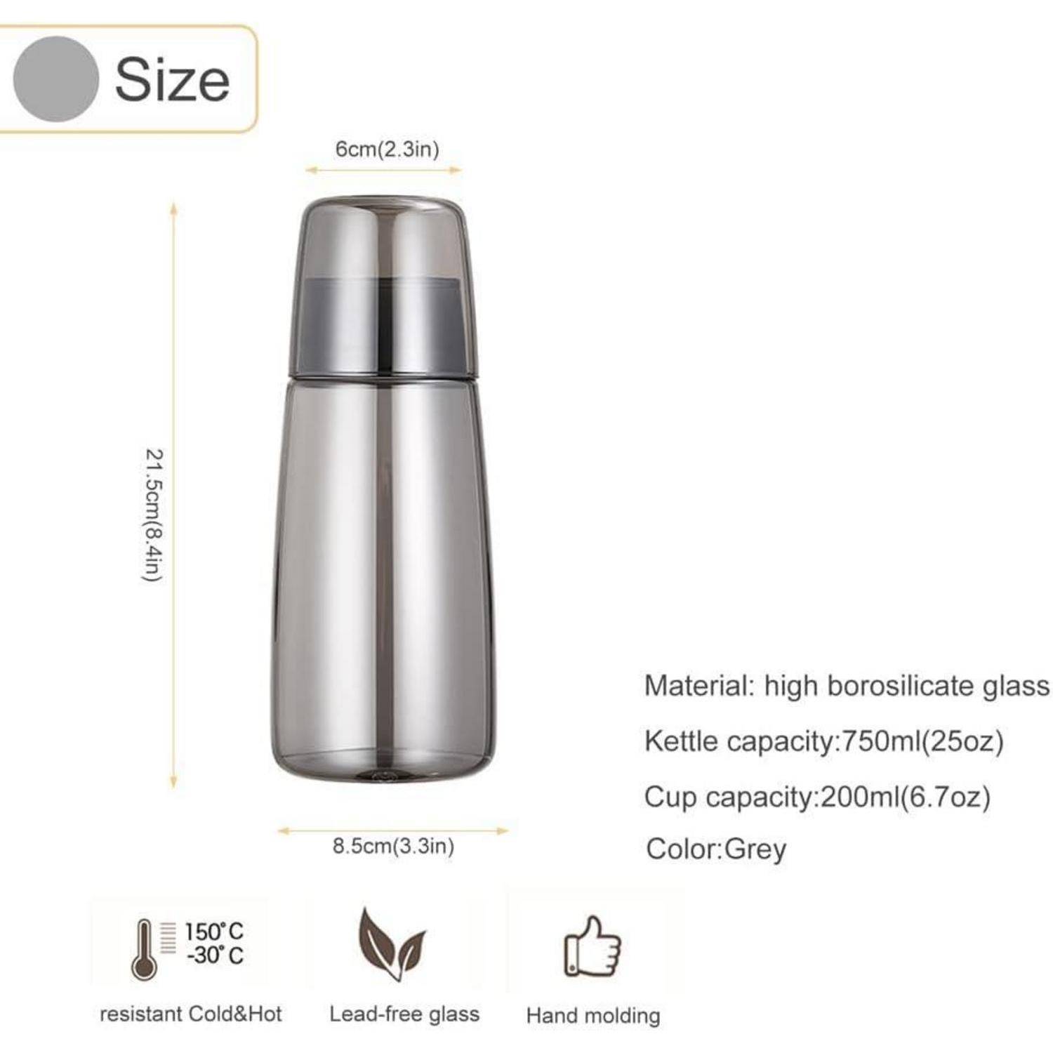 Glaskanne mit einem Fassungsvermögen von 750 ml (25 oz) und einer 200 ml (6,7 oz) Tasse, misst 21,5 cm (8,4 Zoll) Höhe und 8,5 cm (3,3 Zoll) Breite, in grauer Farbe. Mit Widerstandsfähigkeit von -30°C bis 150°C, bleifrei verarbeitetem Glas und Handformung.