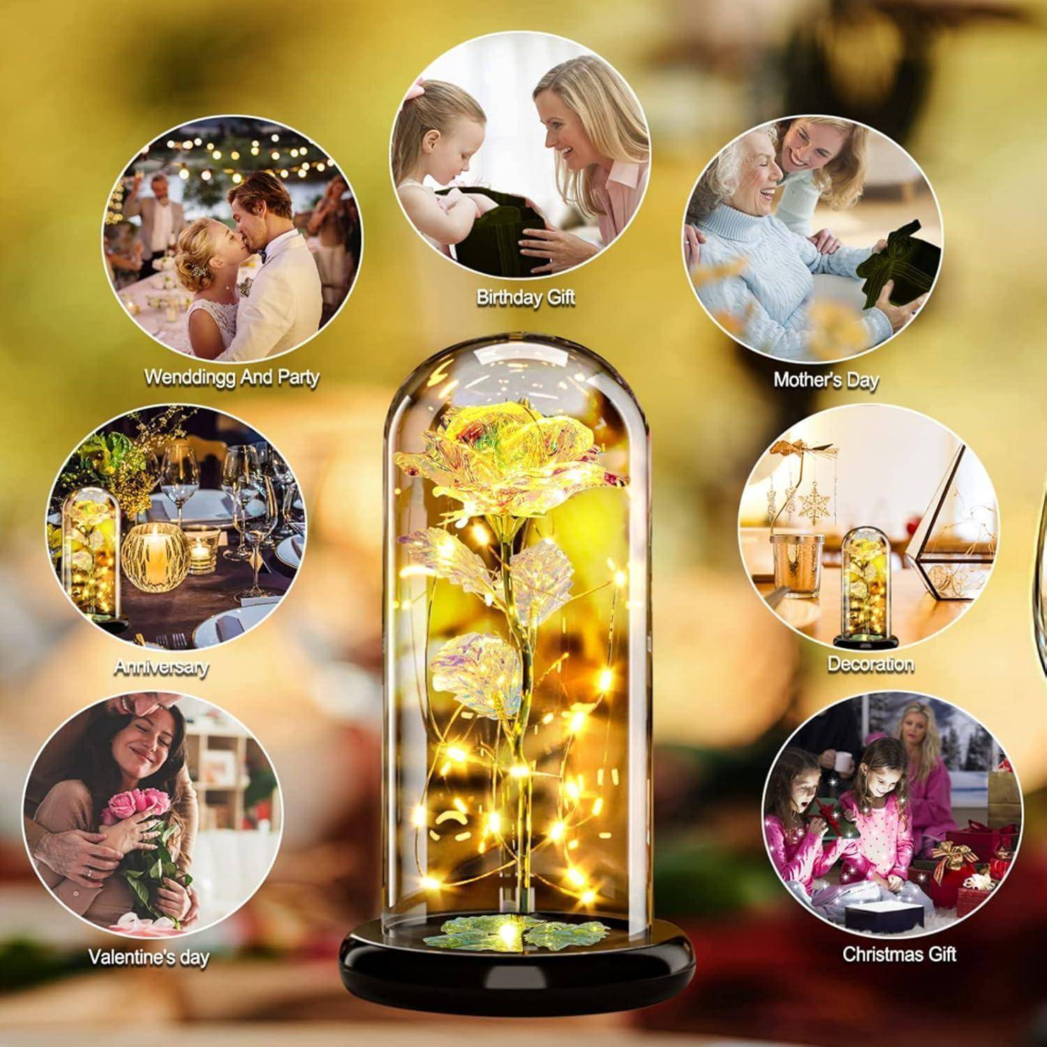 Eine Glaskuppel, die eine goldene Rose mit LED-Beleuchtung enthält, ist von kreisförmigen Bildern verschiedener Geschenkanlässe umgeben: Hochzeiten, Geburtstage, Muttertag, Jahrestage, Valentinstag und Weihnachten.