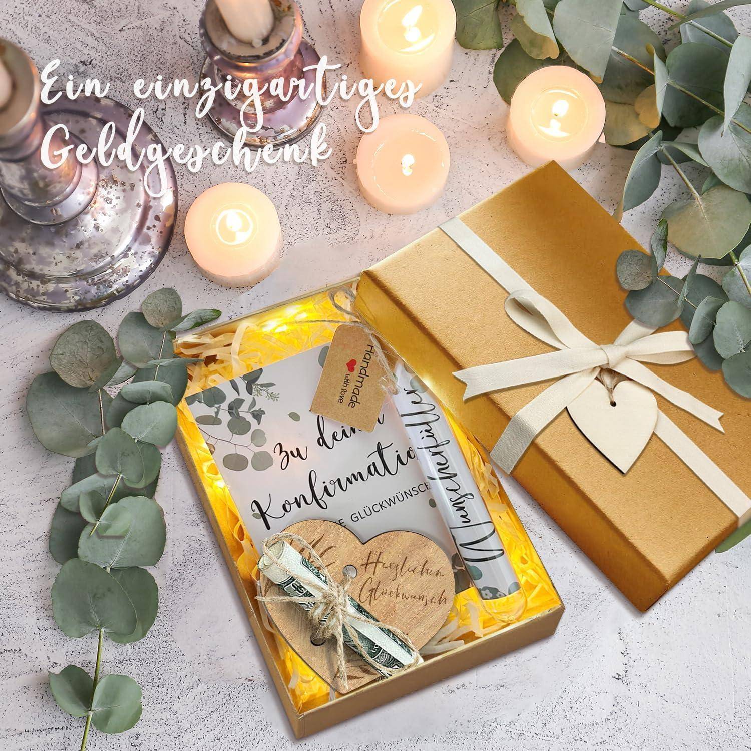 Geschenkbox mit einem Band, Bargeld und einer Karte mit der Aufschrift 