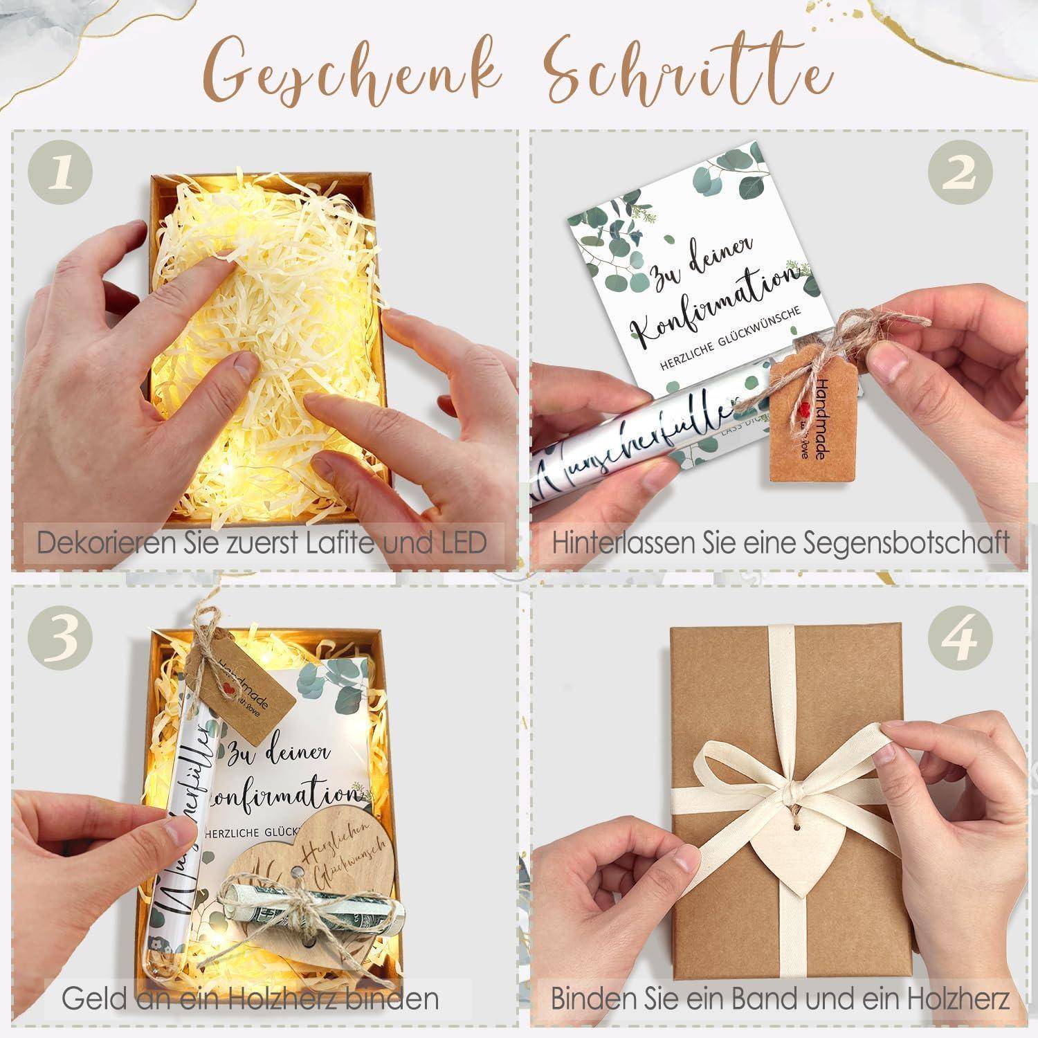 Das Bild zeigt Schritte zum Geschenkverpacken: 1) Eine Schachtel mit Seidenpapier und LED-Lichtern auslegen. 2) Eine Karte mit einer Nachricht hinzufügen. 3) Geld in einem Holzherz einwickeln. 4) Eine Schleife um das Paket binden.