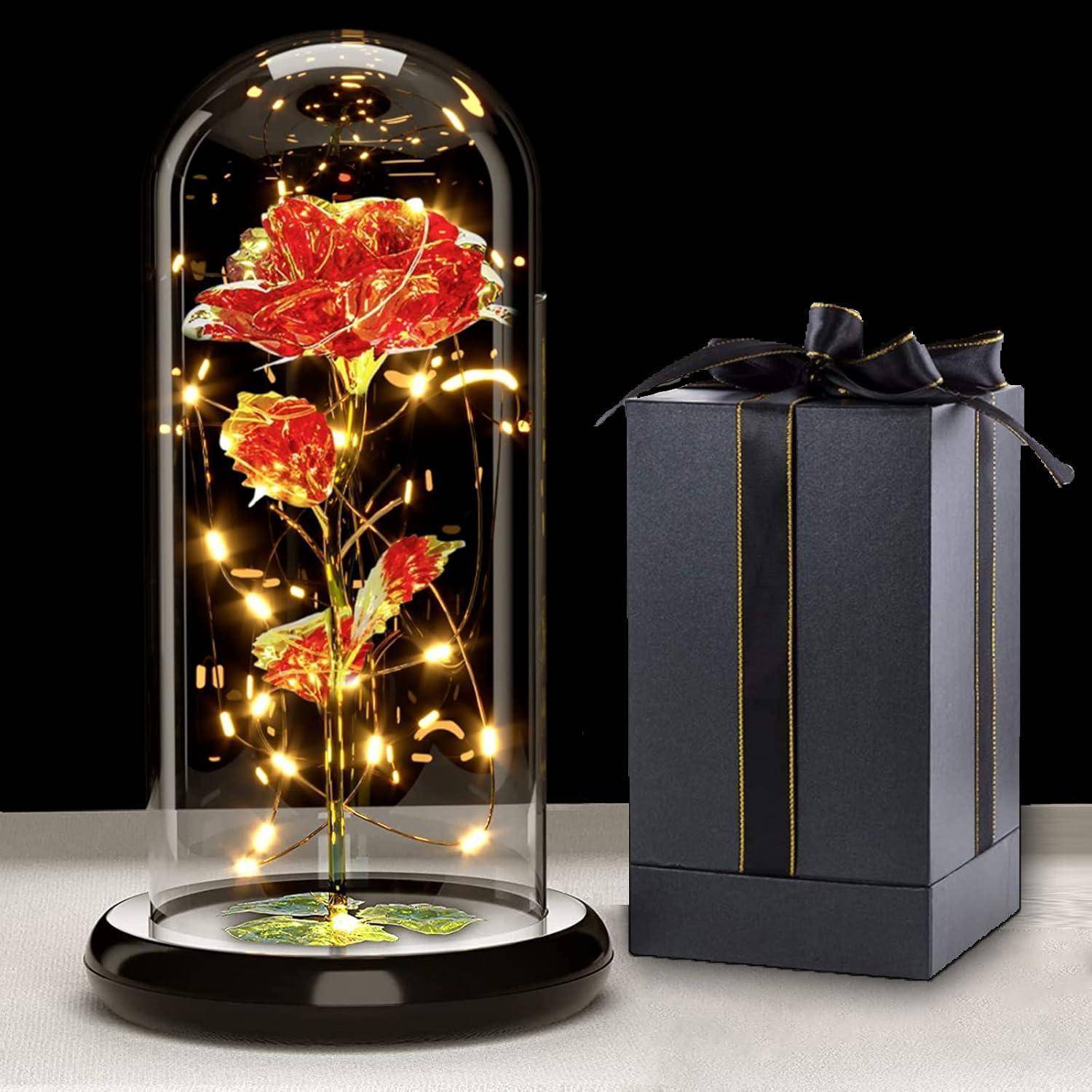 Infinity Rose Glaskuppel LED Lichterkette Muttertag A-rot Galaxie Rose