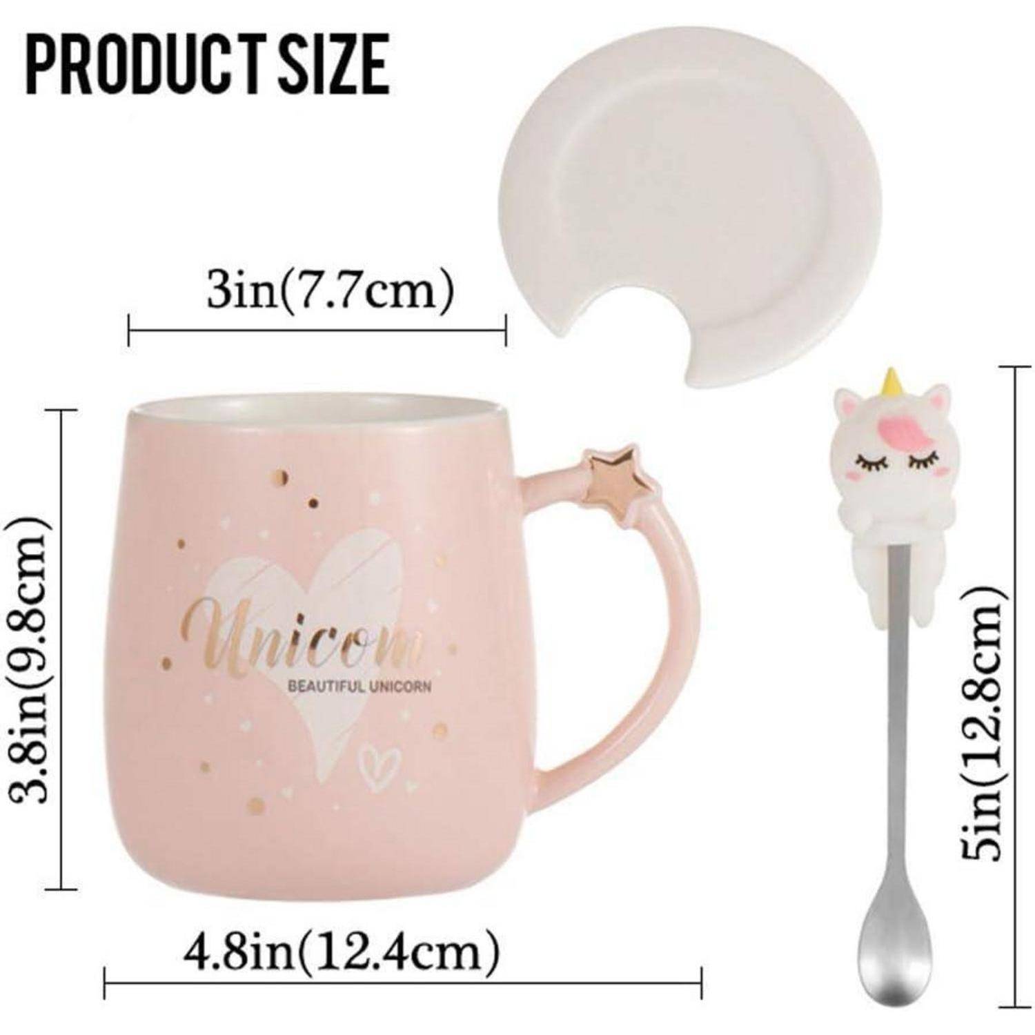 Produktgröße': Pinke Tasse mit Einhorn-Design, 4,8 Zoll (12,4 cm) Breite, 3,8 Zoll (9,8 cm) Höhe; Deckel, 3 Zoll (7,7 cm) Durchmesser; Löffel, 5 Zoll (12,8 cm) Länge.