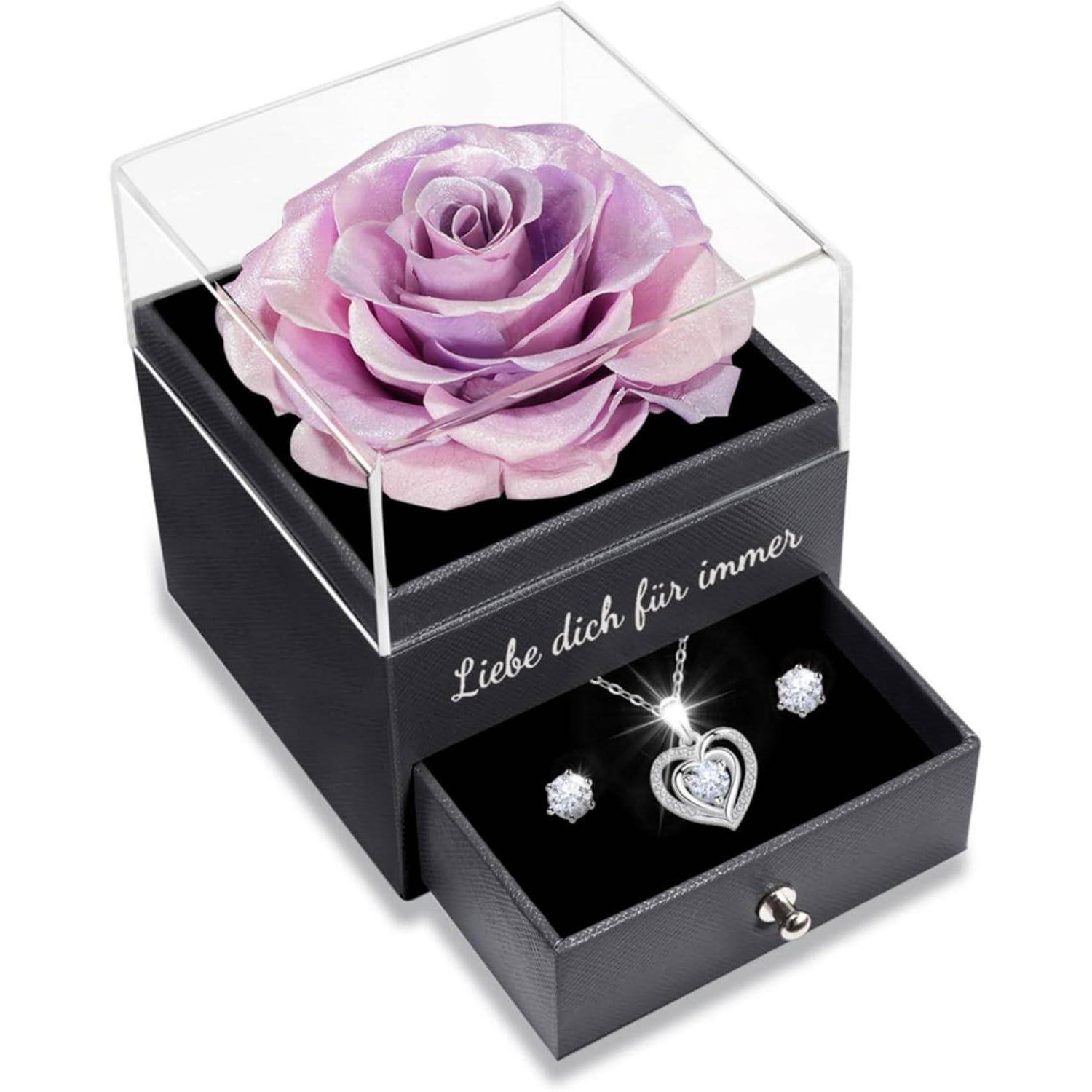 Halskette Ohrringe ewige Rose Herz 925 Silber Frauen Rosa Lila