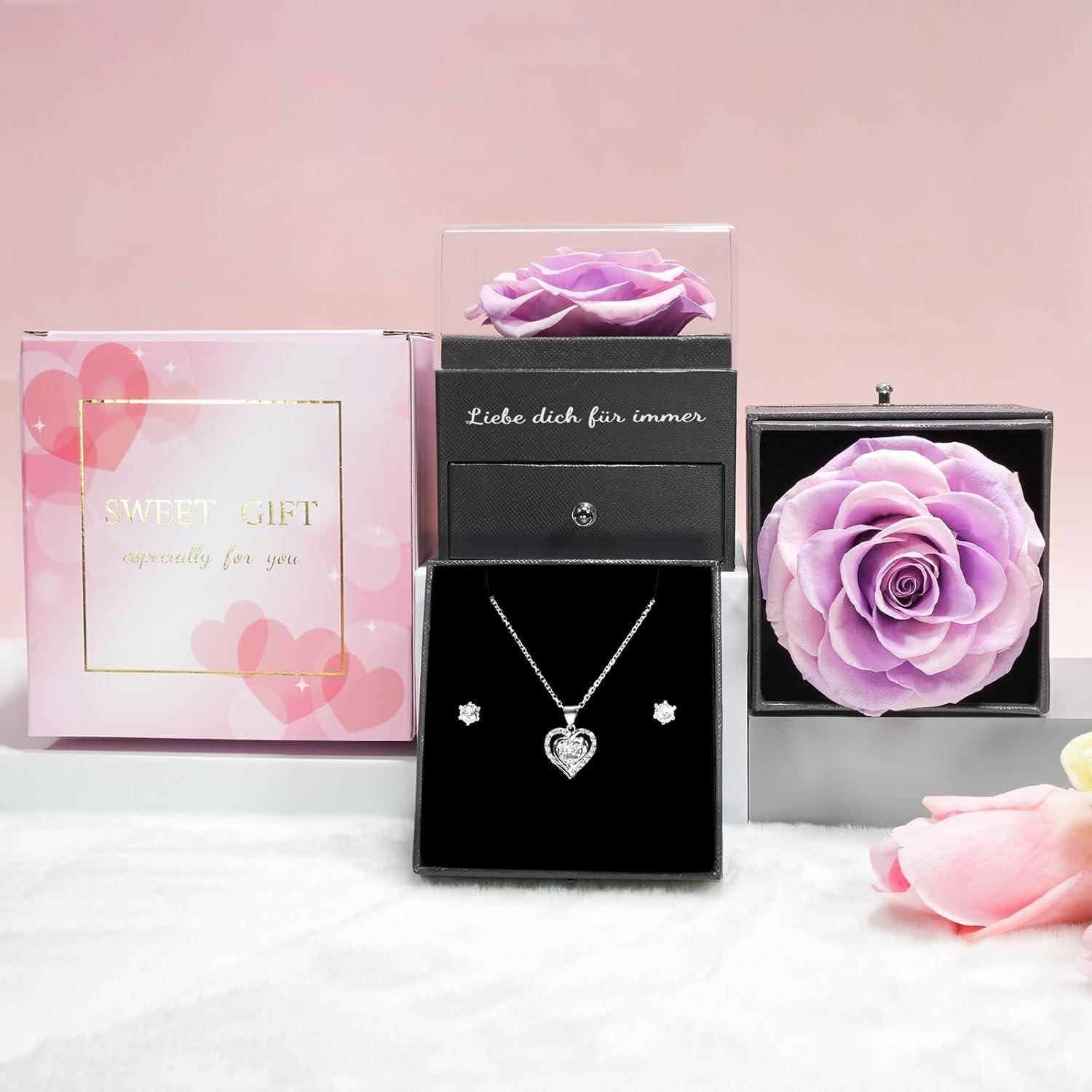 Halskette Ohrringe ewige Rose Herz 925 Silber Frauen Rosa Lila