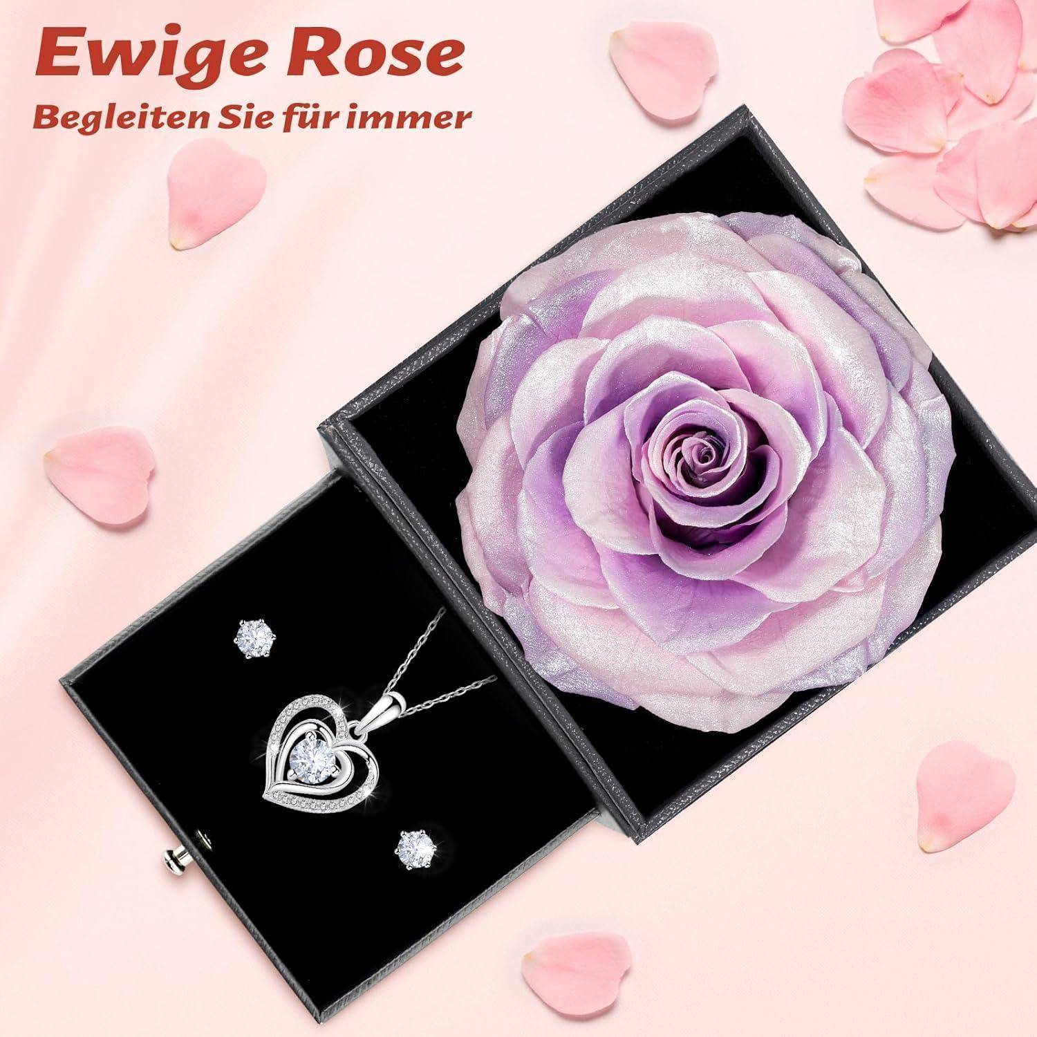 Halskette Ohrringe ewige Rose Herz 925 Silber Frauen Rosa Lila