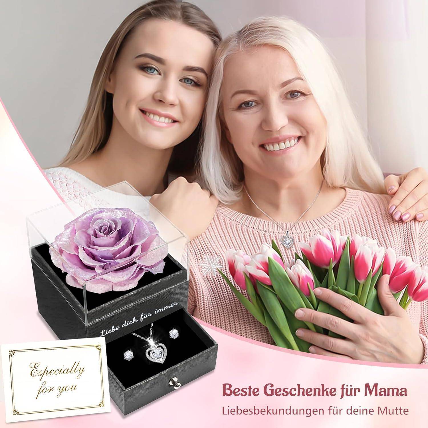 Halskette Ohrringe ewige Rose Herz 925 Silber Frauen Rosa Lila