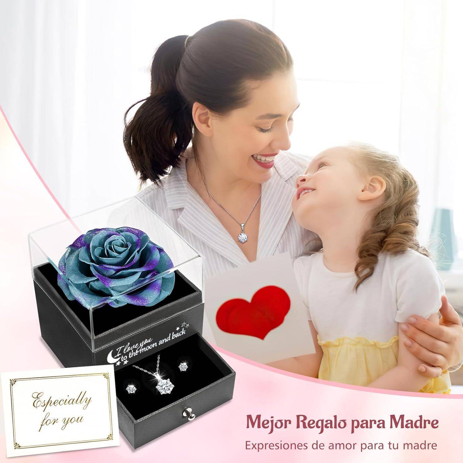 Eine Mutter und ein Kind lächeln einander an; eine Schachtel mit einer konservierten Rose und Schmuck befindet sich darunter; der Text lautet ‚Bestes Geschenk für Mutter'.