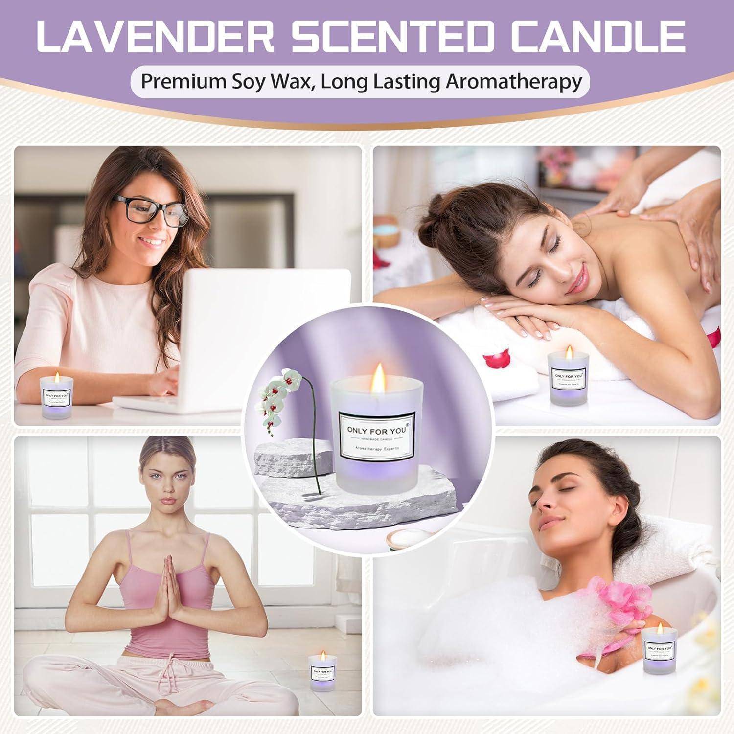 Lavendel Duftkerze: Premium Sojawachs, Langanhaltende Aromatherapie.' Bilder zeigen eine Frau beim Meditieren, Arbeiten und Entspannen mit Kerzen.