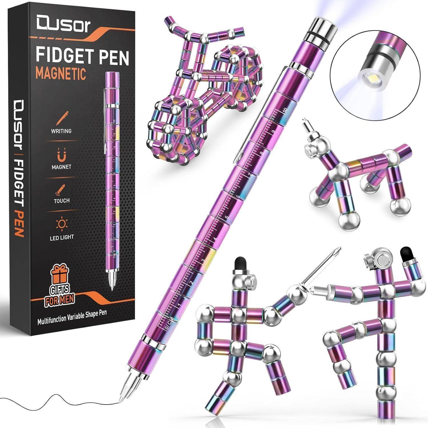 Ein multifunktionales magnetisches Fidget-Stift-Set mit metallischer Oberfläche, das in verschiedenen Formen gezeigt wird, zusammen mit seiner Verpackung, auf der der Text 'FIDGET PEN' zu sehen ist.