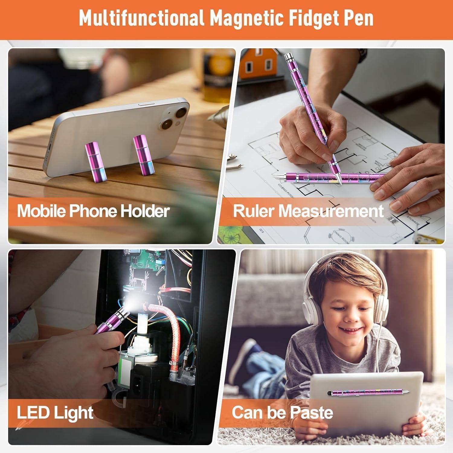 Bild, das einen multifunktionalen magnetischen Fidget-Stift zeigt, der als Handyhalterung, Lineal, LED-Licht und anhaftbares Objekt verwendet werden kann. Fröhliches Kind mit dem Stift.