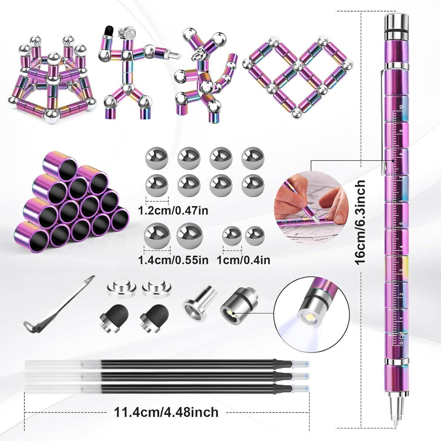 Magnetischer Stift-Set mit modularen Komponenten zum Aufbau von Strukturen. Enthält einen Stift, magnetische Kugeln, Metalltipps und verschiedene Zubehörteile.