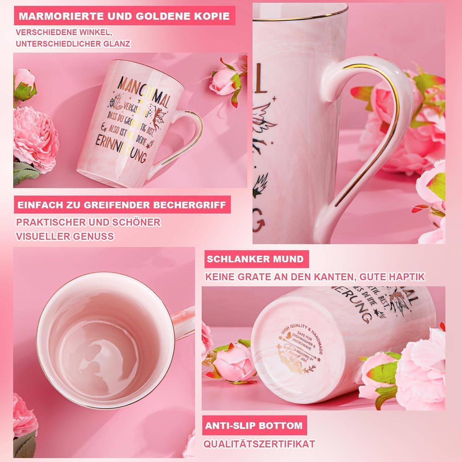 Keramische rosa Tasse mit goldenem Griff und Text, umgeben von Rosen. Merkmale umfassen Marmorfinish, ergonomischen Griff, robuste Bauweise und rutschfeste Unterseite.