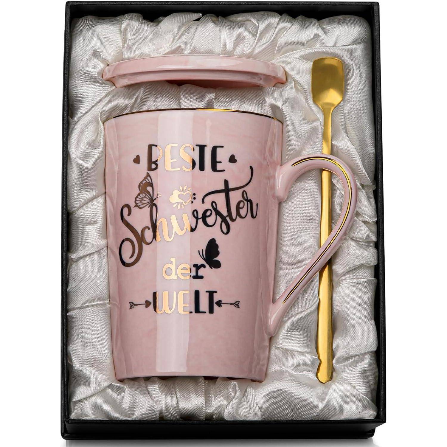 Kaffeetasse 400ml rosa Marmor Golddruck Schwester Geschenk