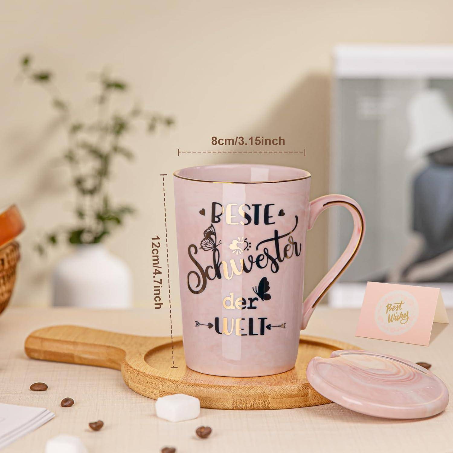 Kaffeetasse 400ml rosa Marmor Golddruck Schwester Geschenk