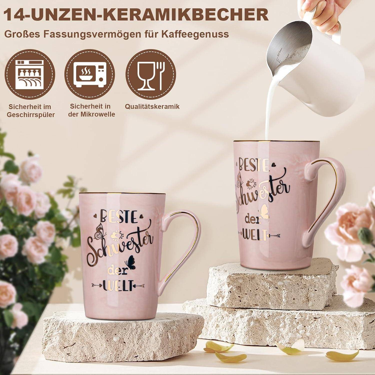 Kaffeetasse 400ml rosa Marmor Golddruck Schwester Geschenk