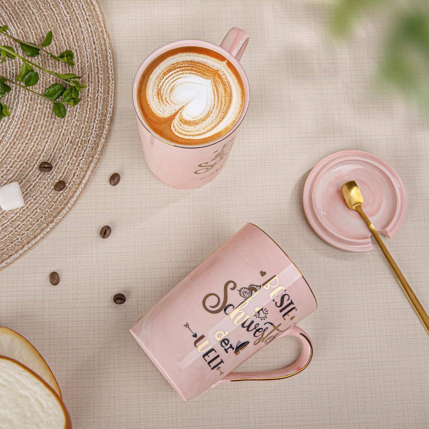 Kaffeetasse 400ml rosa Marmor Golddruck Schwester Geschenk