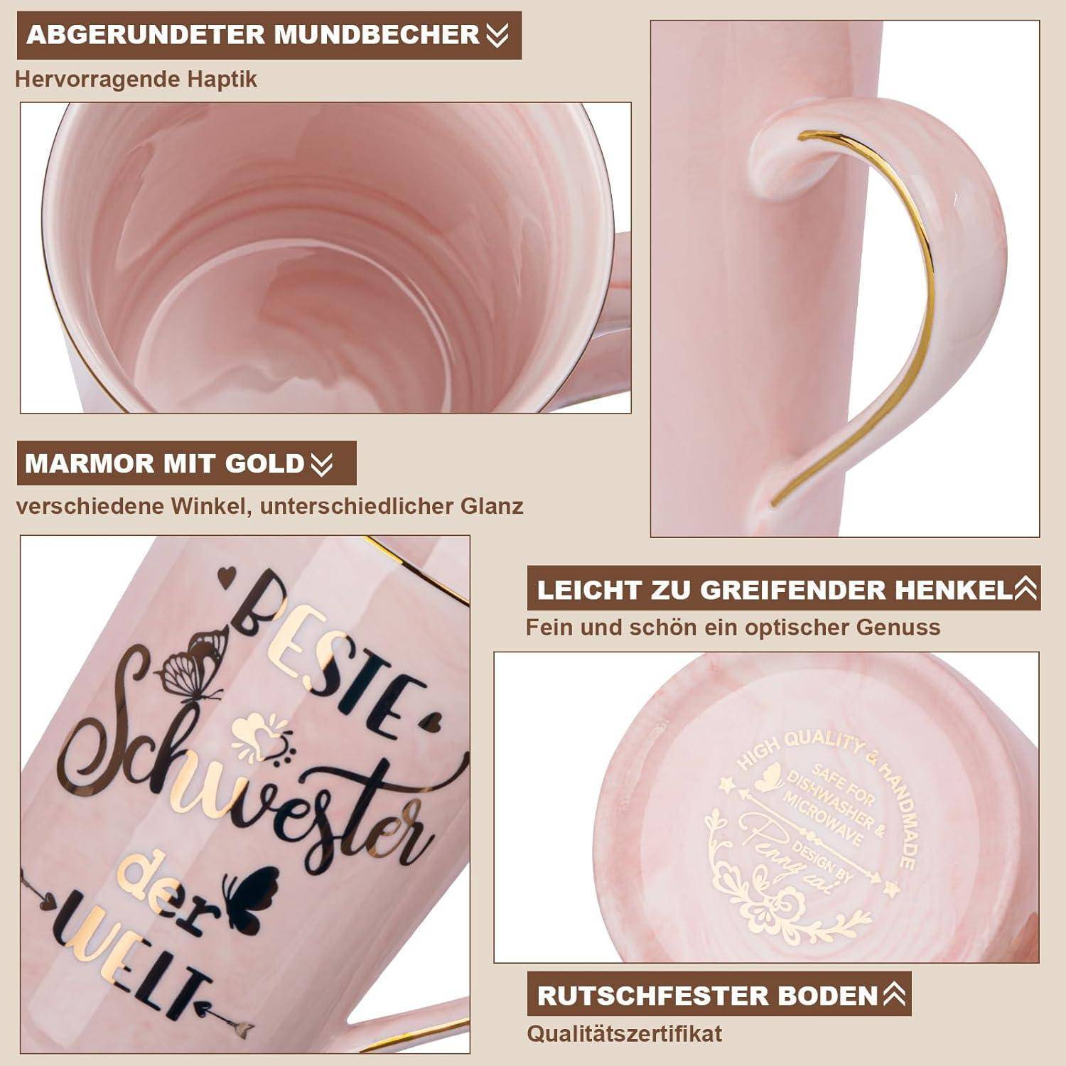 Kaffeetasse 400ml rosa Marmor Golddruck Schwester Geschenk