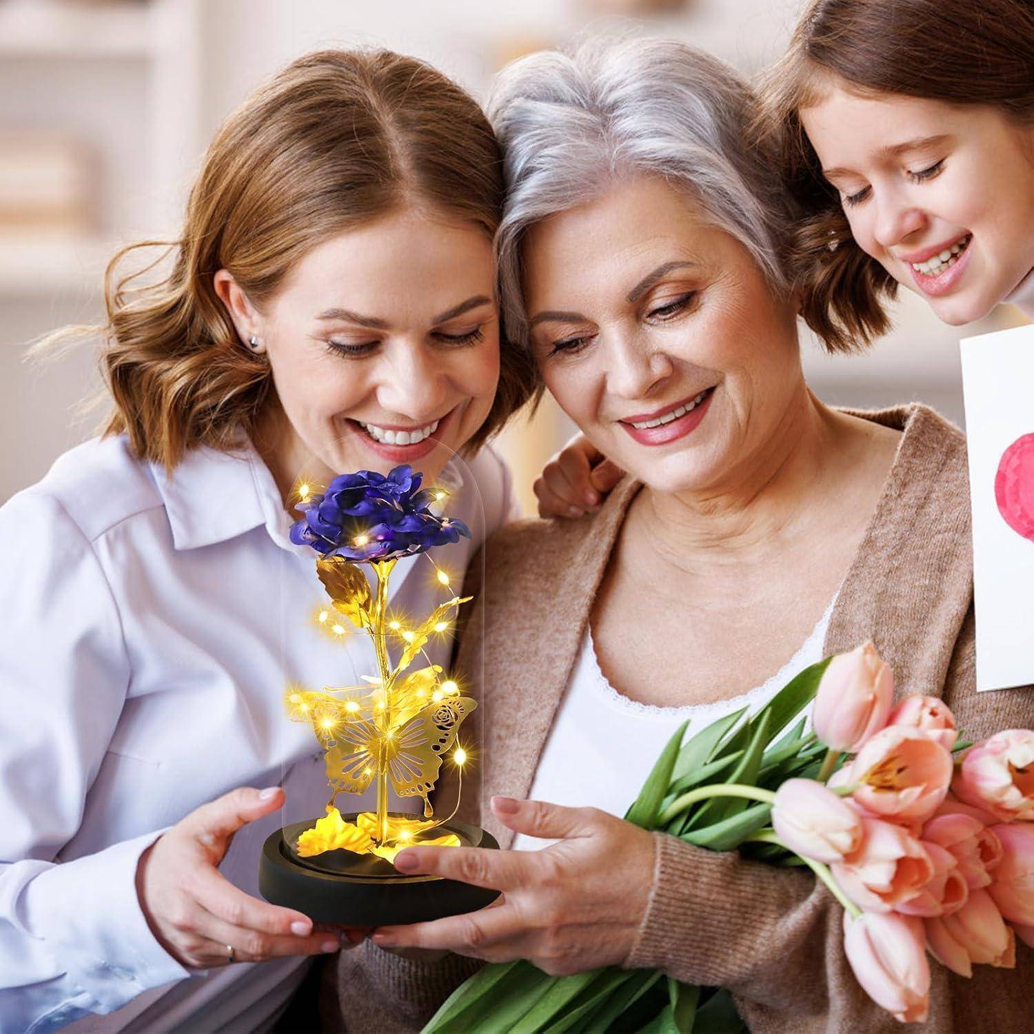 Eine ältere Frau, eine jüngere Frau und ein Kind lächeln zusammen in Innenräumen. Die ältere Frau hält gelbe Blumen und ein Geschenk.