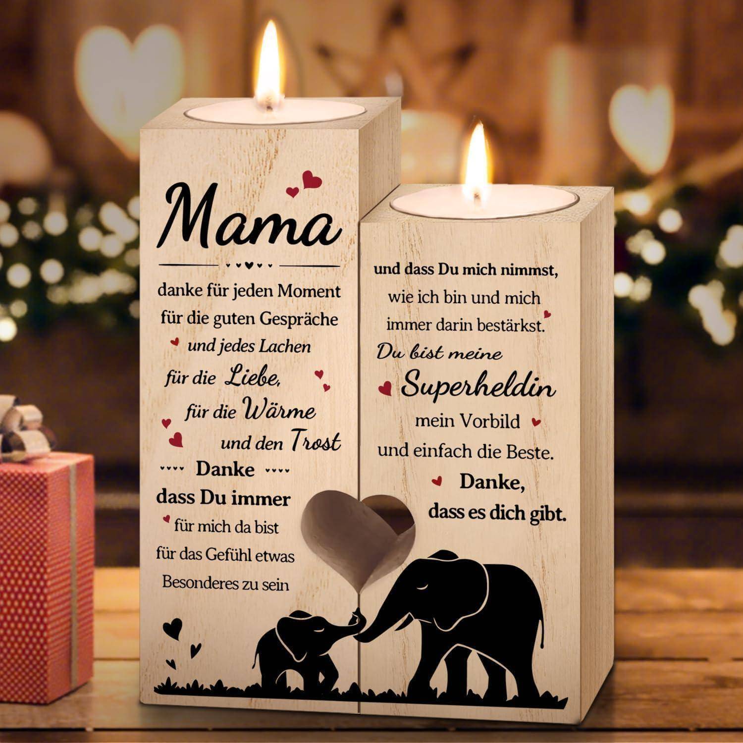 Ein Kerzenhalter mit Text auf Deutsch, der Mama für Liebe, Wärme und Unterstützung dankt, mit Elefantensilhouetten verziert.