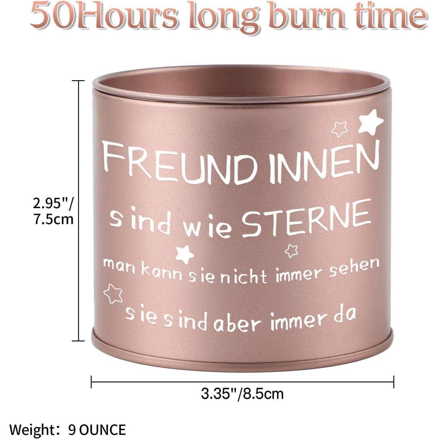 Ein Roségold-Kerzenhalter mit deutschem Text 'FREUNDINNEN sind wie STERNE man kann sie nicht immer sehen sie sind aber immer da.' Größe: 8,5 cm x 7,5 cm.
