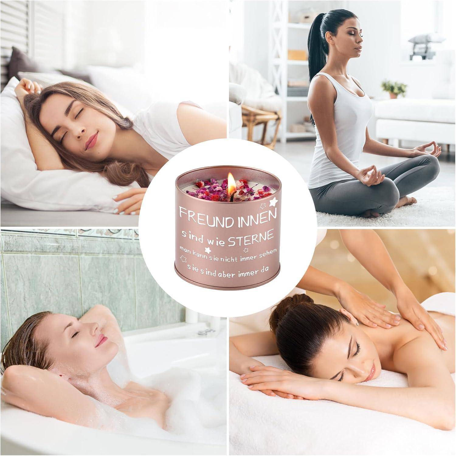 Eine Collage, die Entspannung darstellt: eine schlafende Frau, eine andere in Meditation, eine im Bad und eine, die eine Massage erhält, zentriert um eine Kerze.
