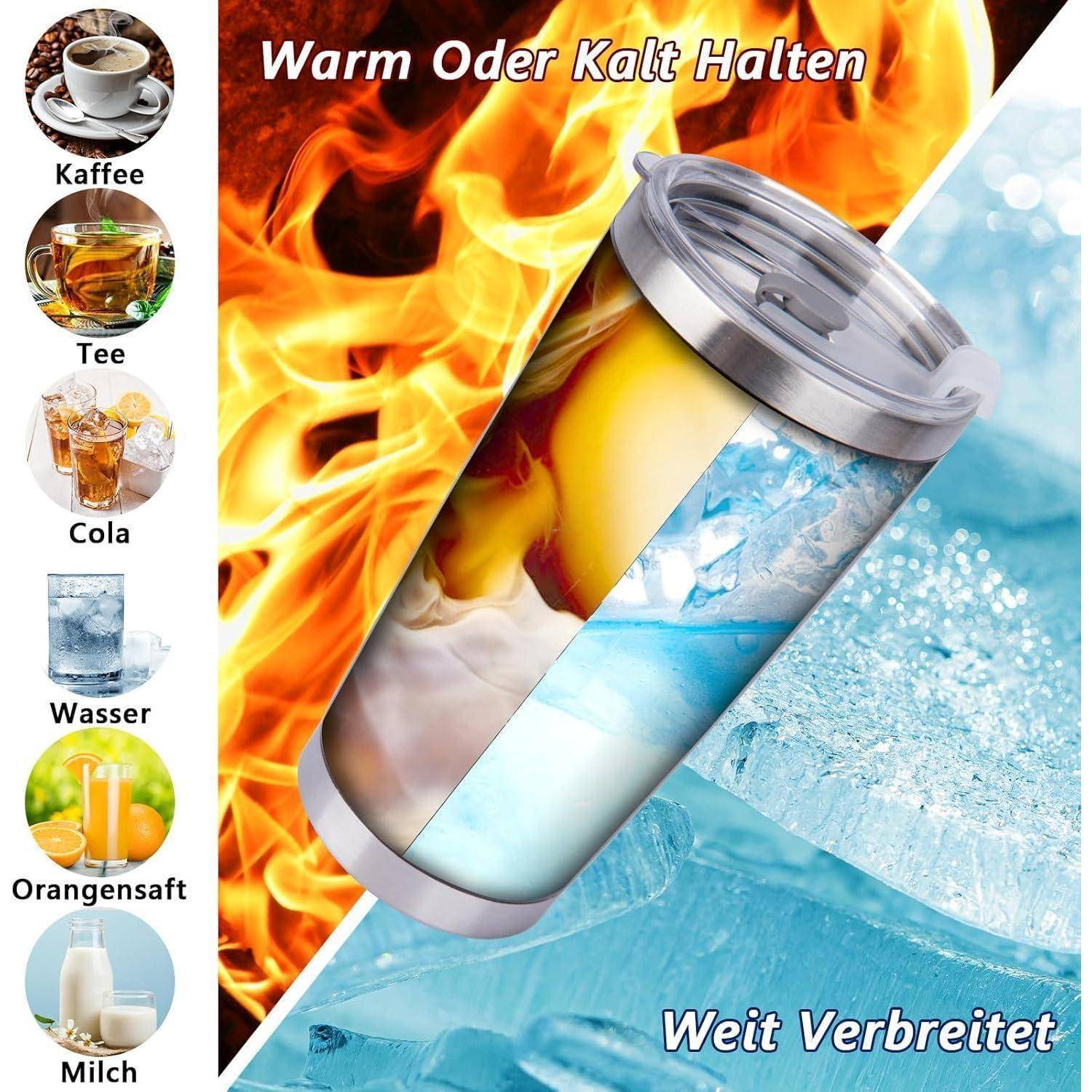 Eine Reisebecher mit einer geteilten Gestaltung, die heiße Flammen und kaltes Eis zeigt. Seitliche Symbole deuten darauf hin, dass er Kaffee, Tee, Cola, Wasser, Saft und Milch aufnehmen kann.