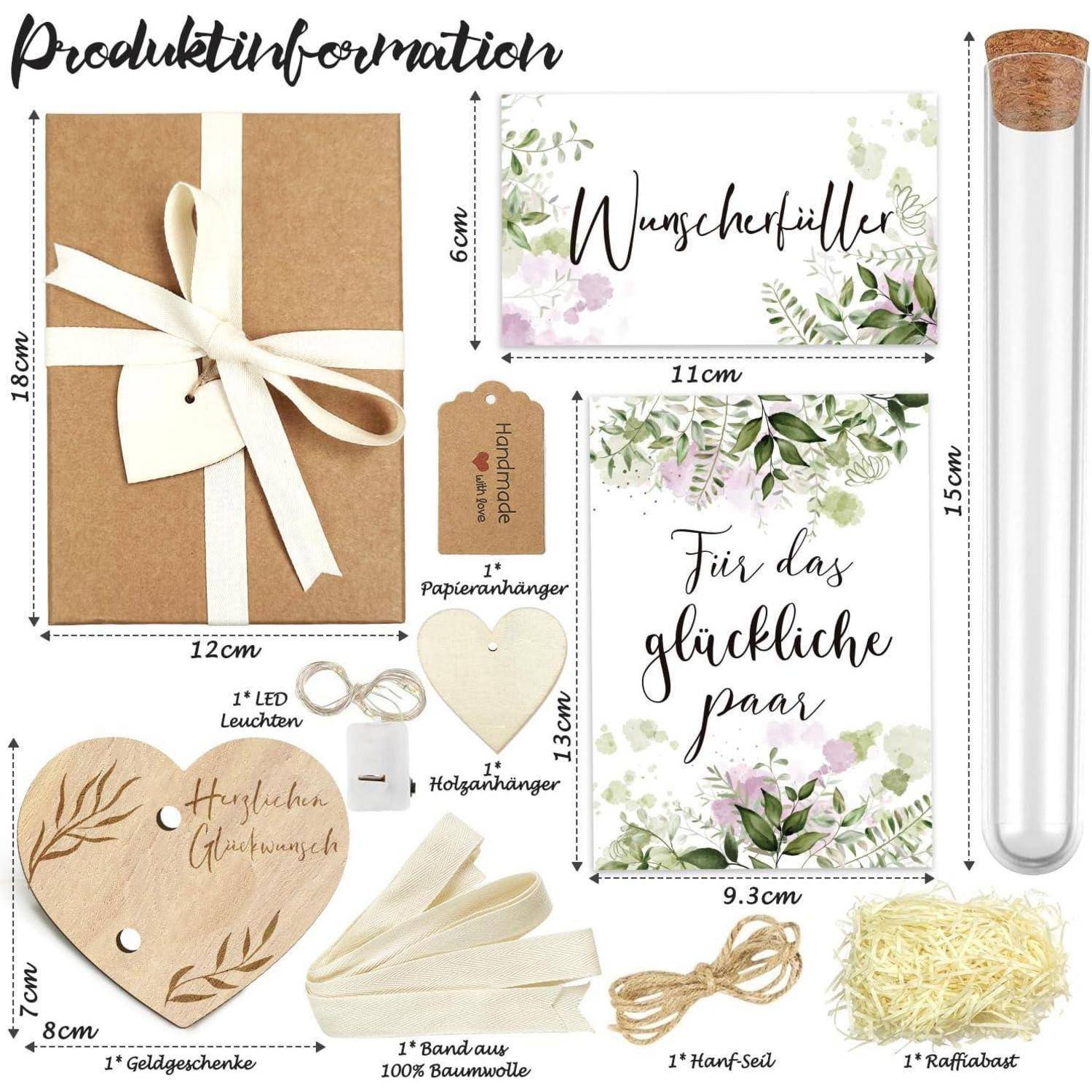 Ein Geschenkset-Bild umfasst eine Kraftpapierschachtel, ein Papierblatt, ein Herz-Anhänger, eine Karte mit der Aufschrift ‚Für das glückliche Paar', ein Reagenzglas, Raffiabast und Dekorationen.