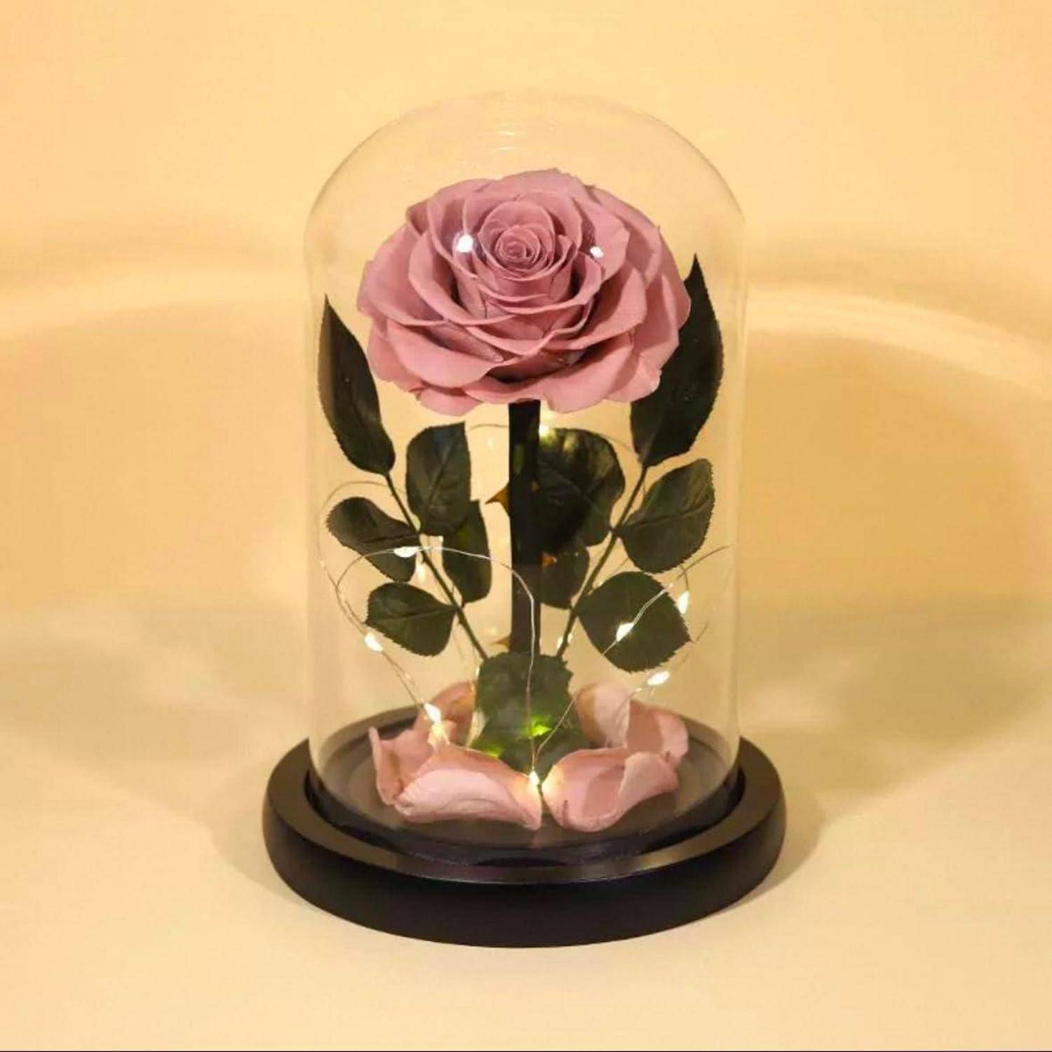 Eine konservierte rosa Rose mit grünen Blättern, die in einer Glaskuppel auf einer Holzbasis platziert ist. Sanftes Licht beleuchtet die Rose und schafft eine elegante Präsentation.