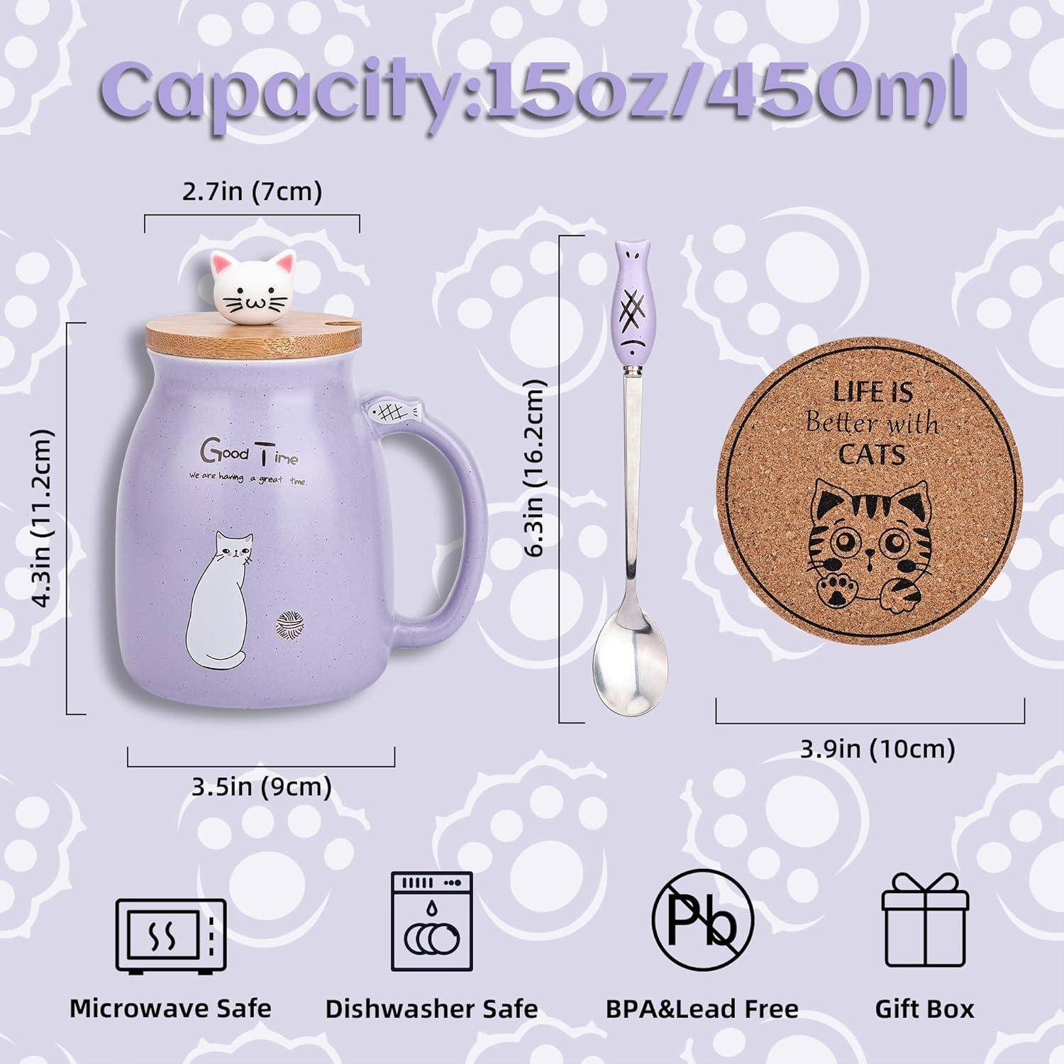 Violette Tasse mit einer Katzenillustration und dem Text 