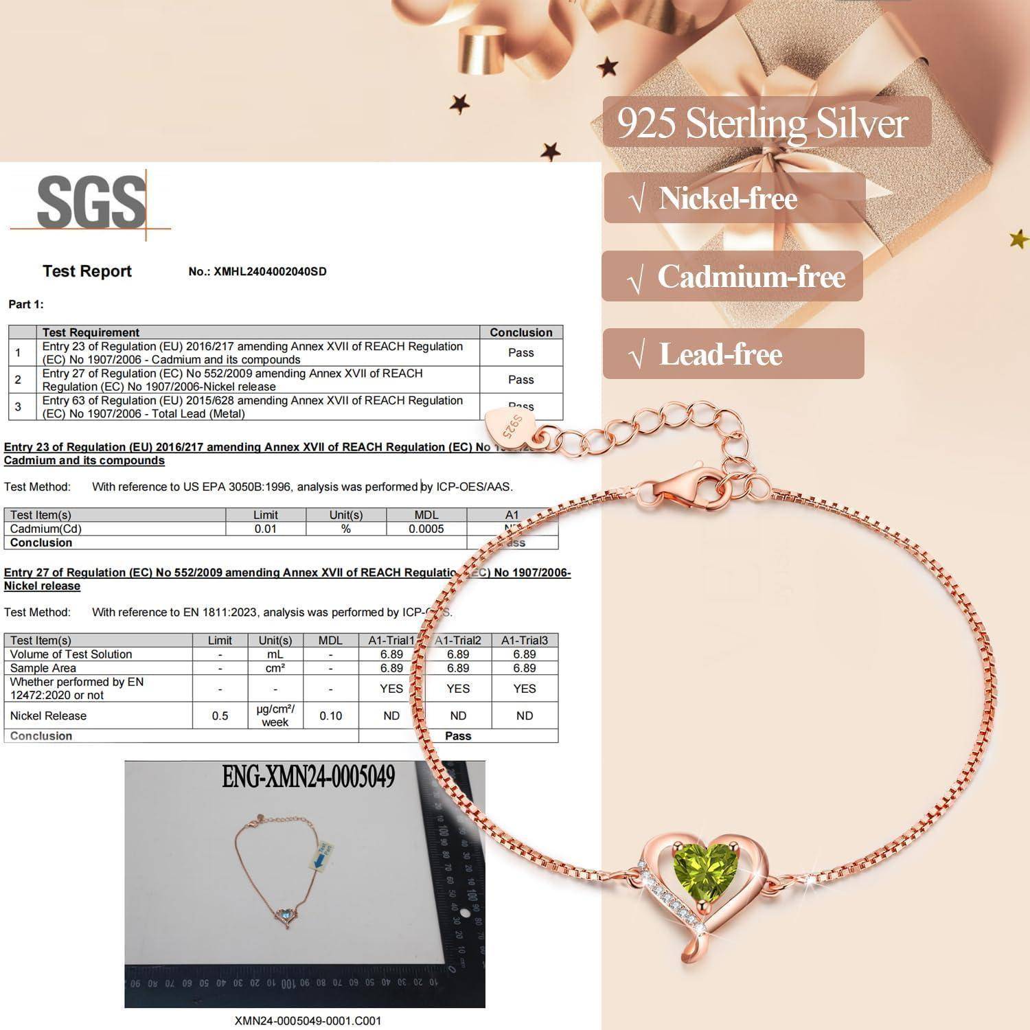 925 Sterling Silber' Armband mit grünem Edelstein. 'Nickelfrei, bleifrei, cadmiumfrei'. SGS-Prüfbericht mit Bestehensresultaten.